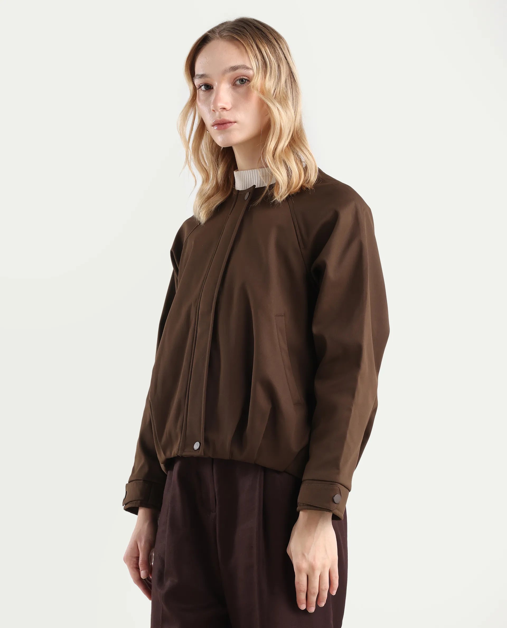 Rareism Women's Nira Coffee Polyester Crew Neck Relaxed Fit Jacket