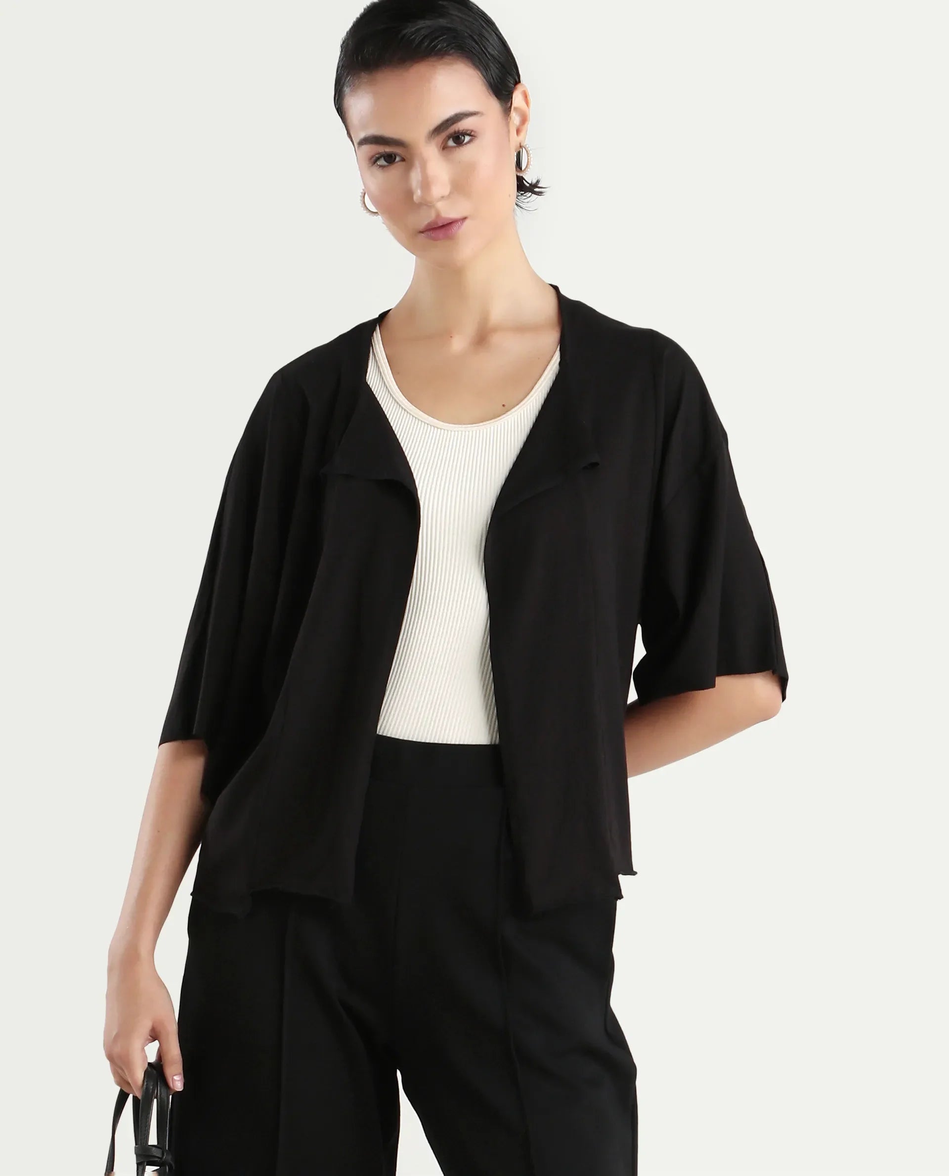 Rareism Women's Nirv Black Cotton Collarless Plain Relaxed Fit Shrug