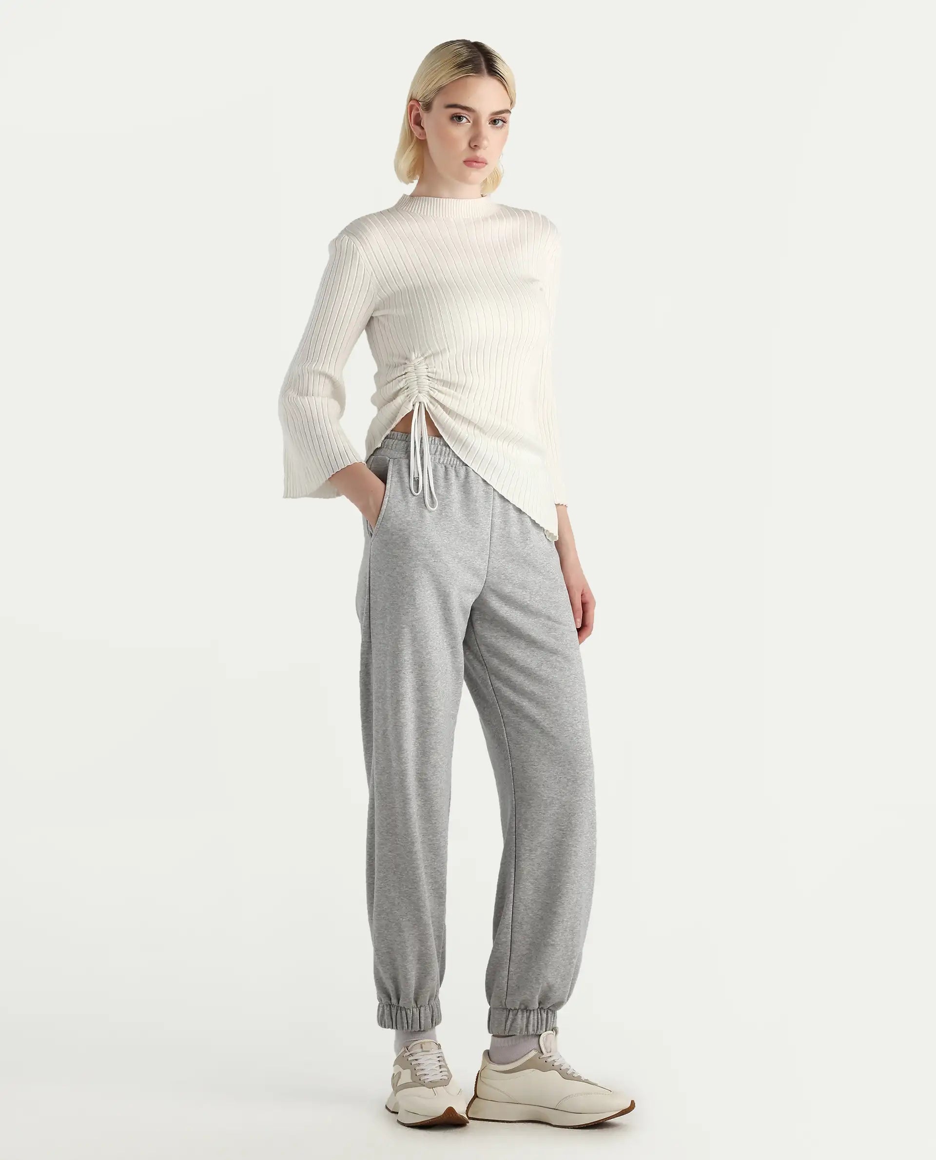 Rareism Women's Nitel Grey Melange Cotton Jogger Fit Track Pant