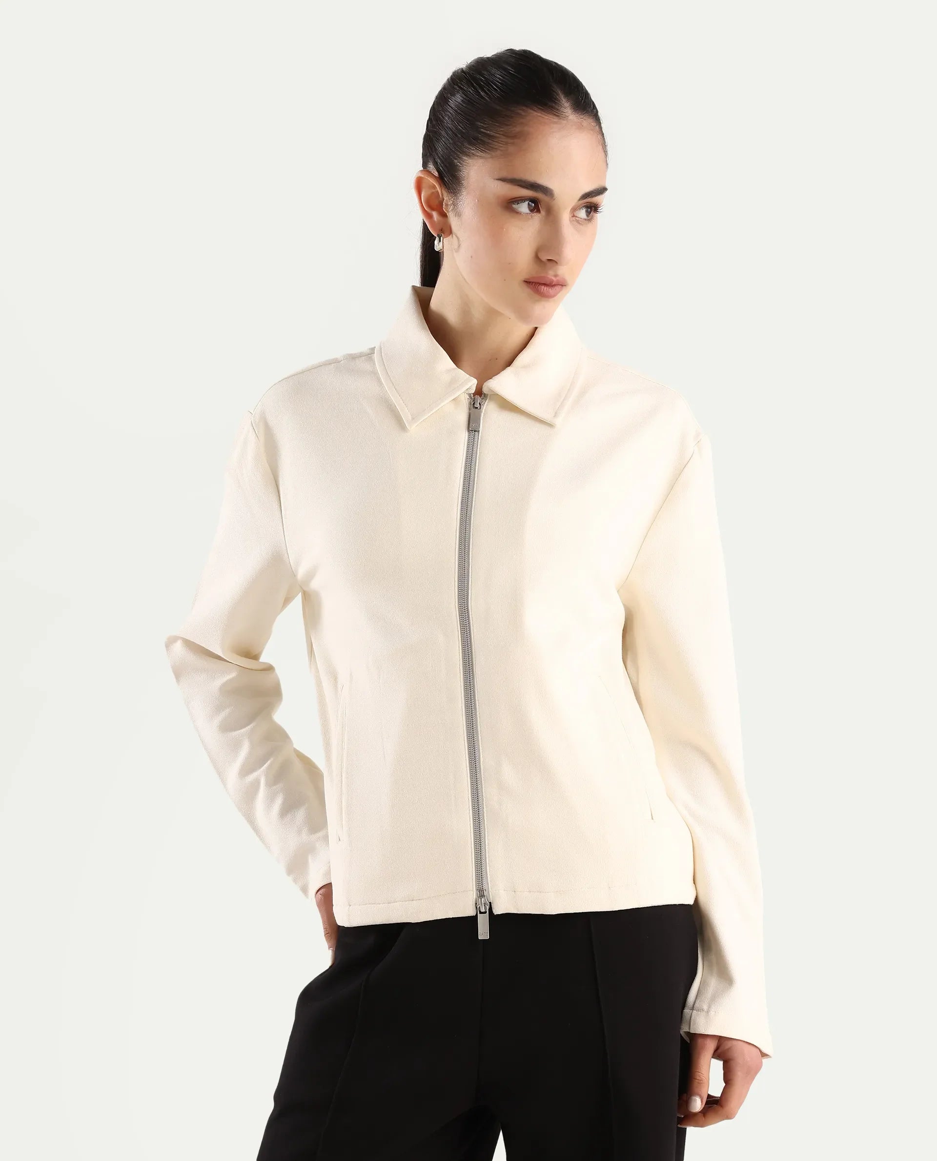 Rareism Women's Nizlo Off White Polyester Blend Spread Collar Regular Plain Jacket