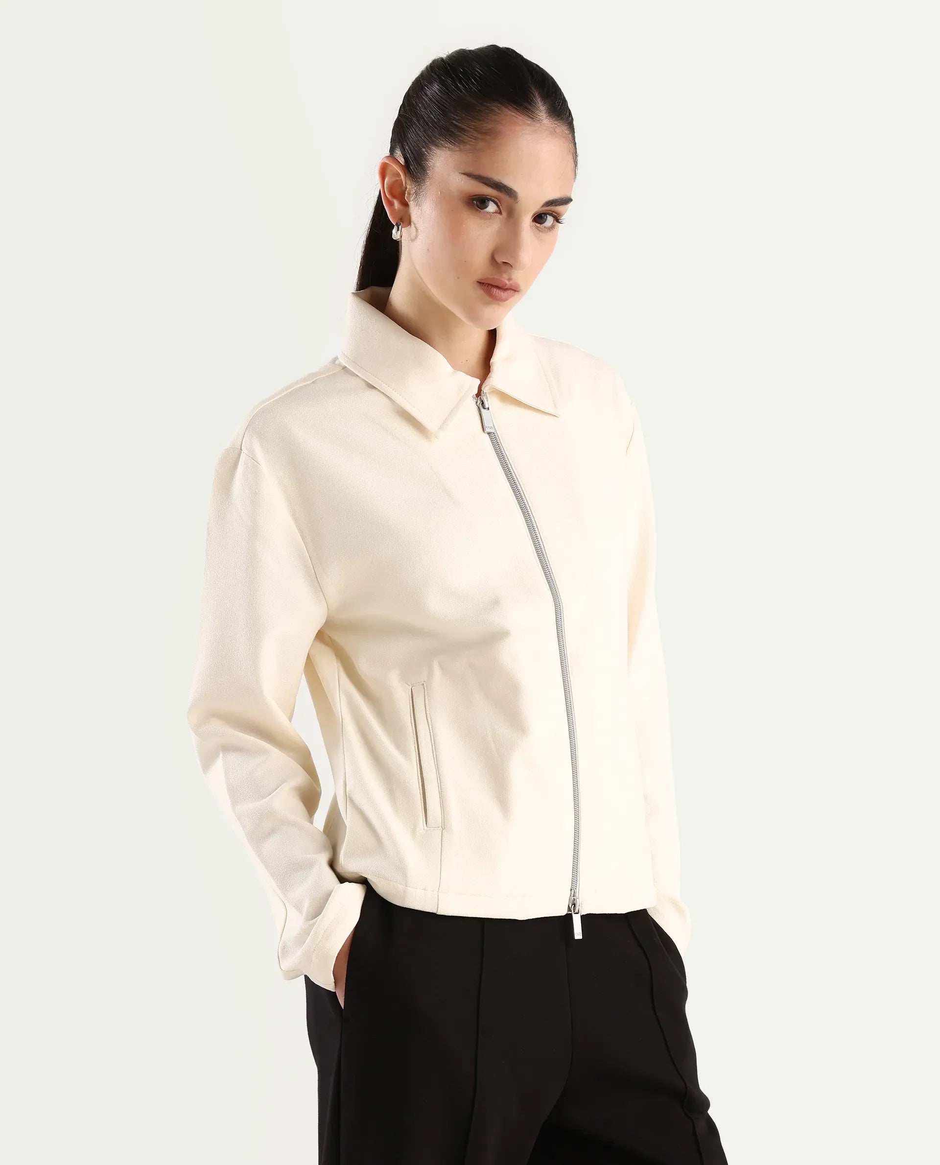 Rareism Women's Nizlo Off White Polyester Blend Spread Collar Regular Plain Jacket