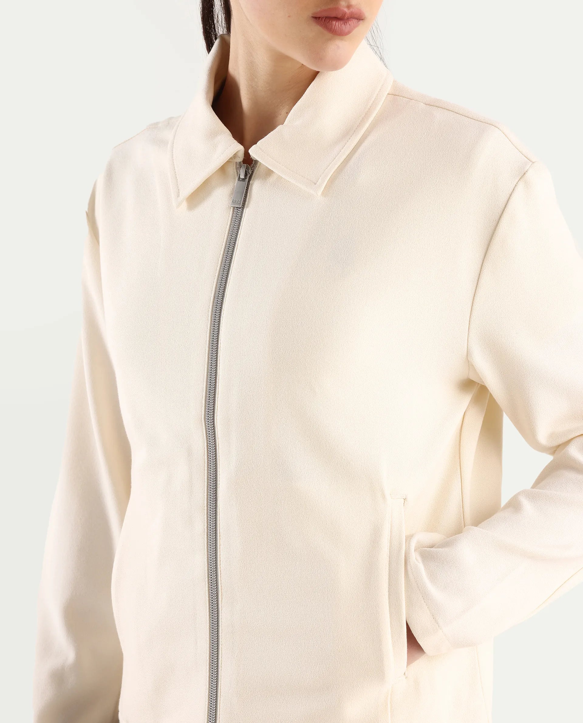 Rareism Women's Nizlo Off White Polyester Blend Spread Collar Regular Plain Jacket