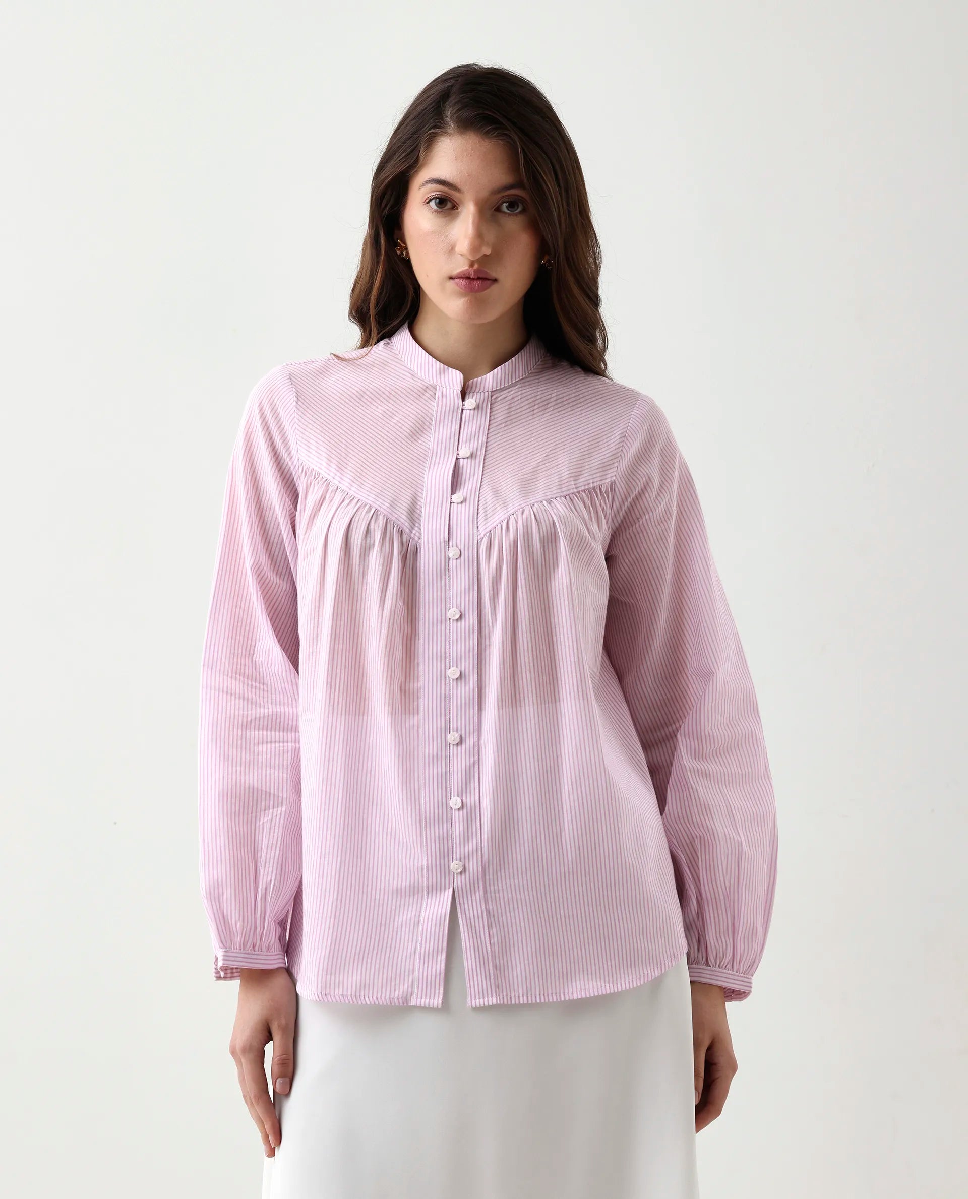 Rareism Women's Nubelo Purple Cotton Mandarin Collar Regular Fit Top