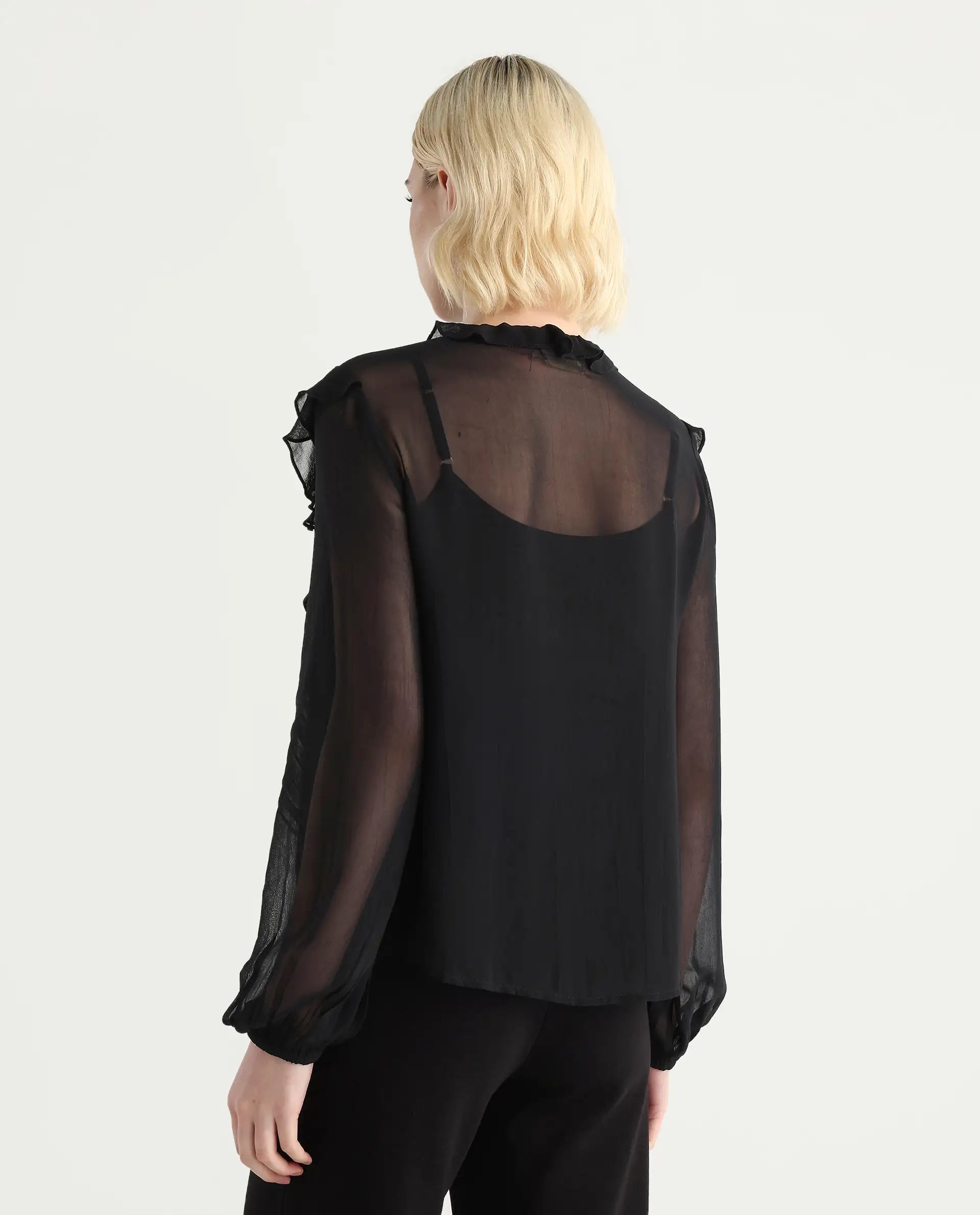 Rareism Women's Nubin Black Polyester Bishop Sleeve Ruffled Neck Regular Fit Plain Top