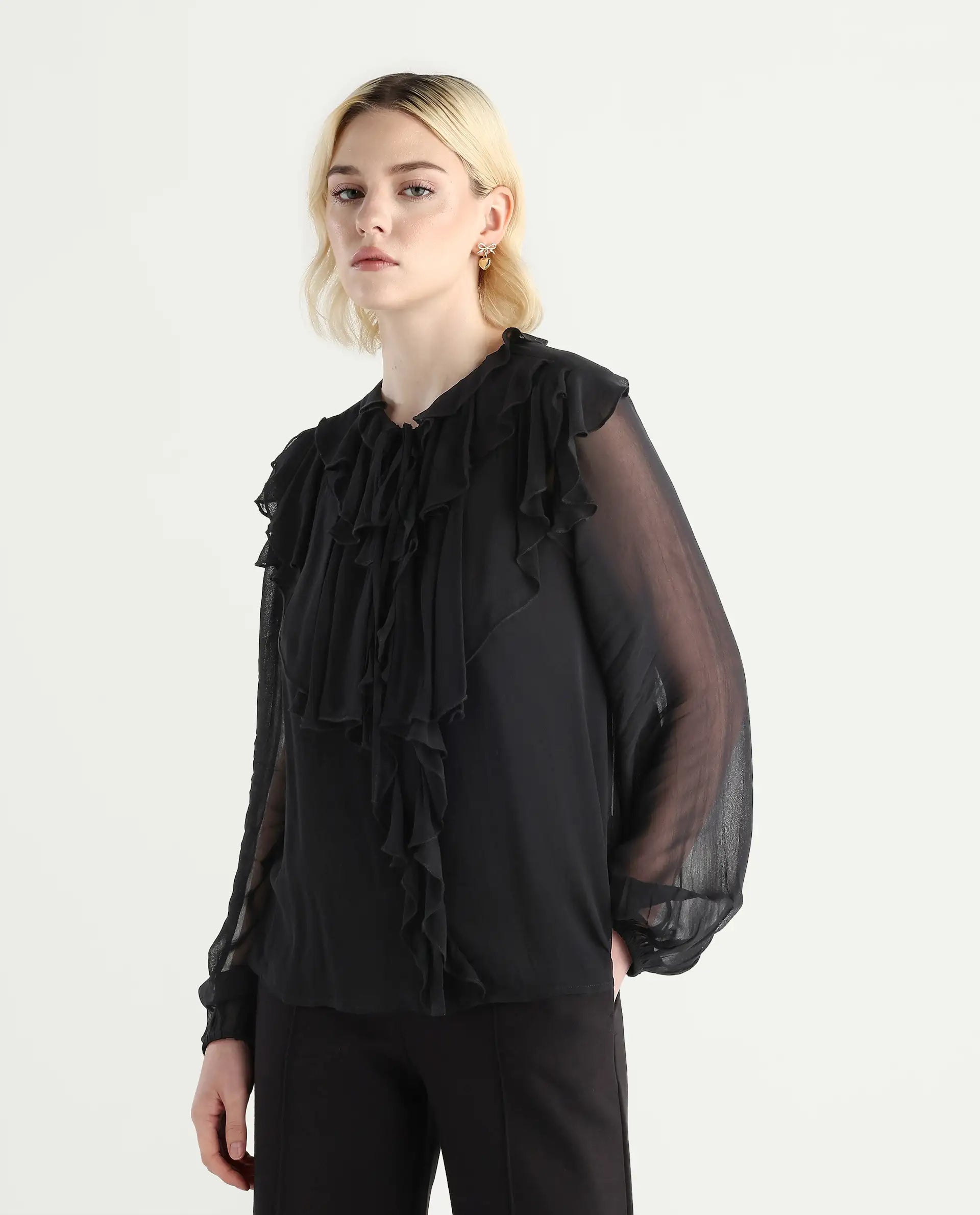 Rareism Women's Nubin Black Polyester Bishop Sleeve Ruffled Neck Regular Fit Plain Top