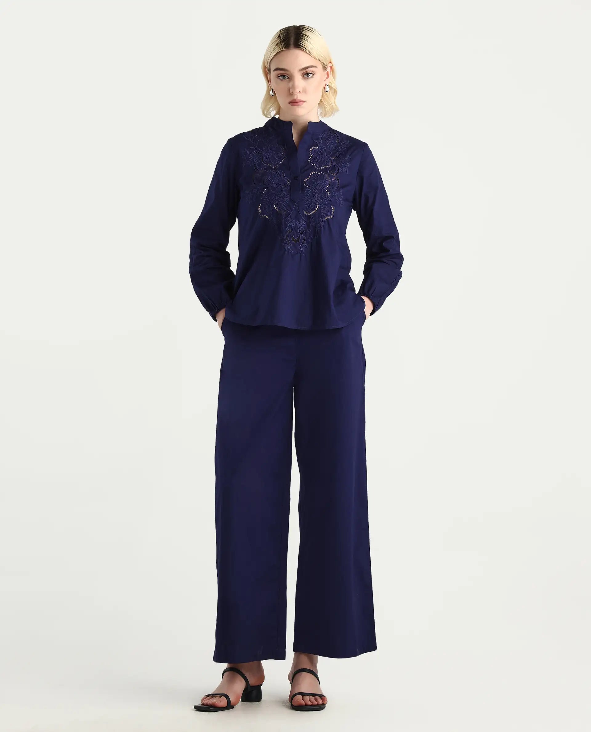 Rareism Women's Nucut-B Navy 100% Cotton Straight Fit Trouser