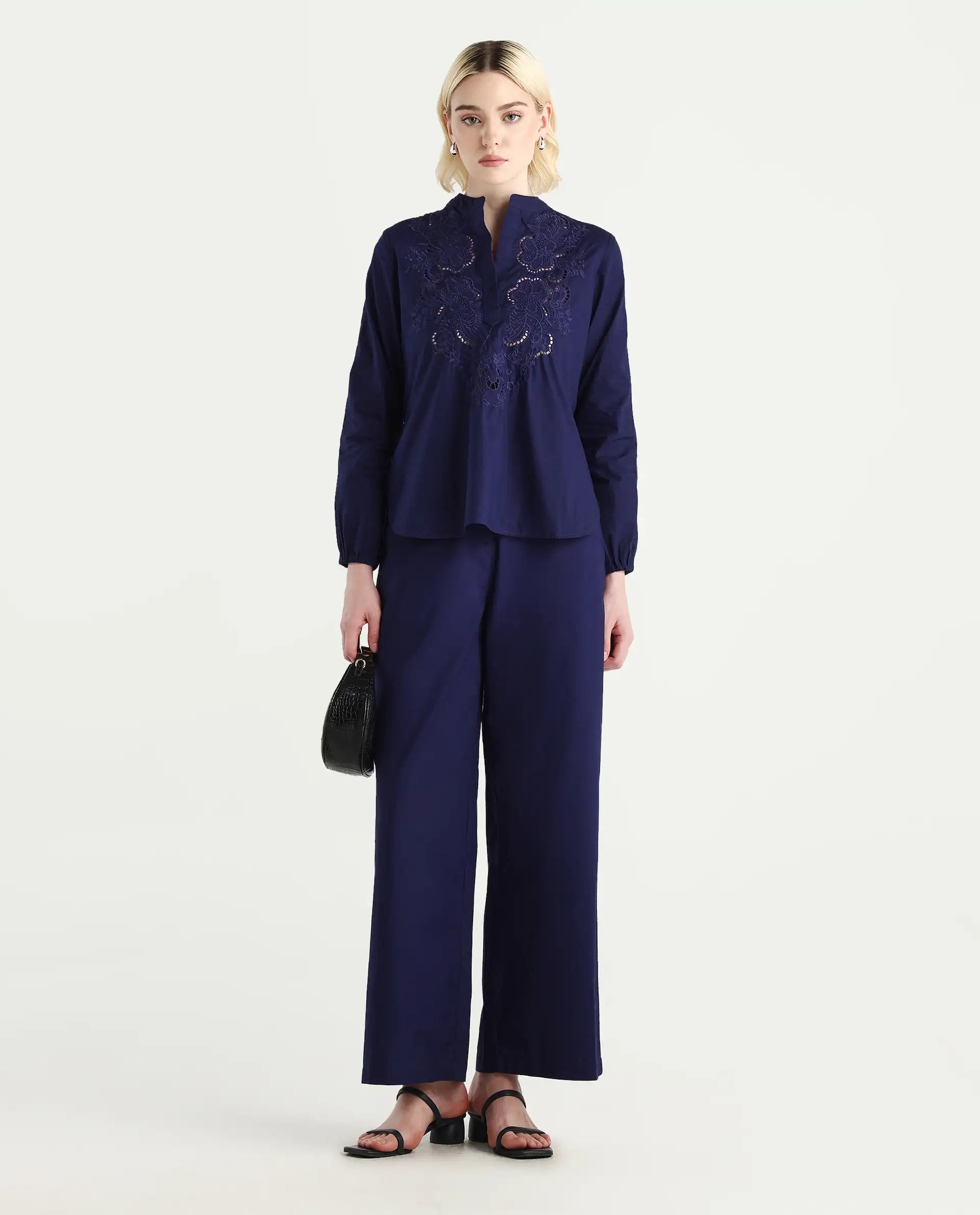 Rareism Women's Nucut-B Navy 100% Cotton Straight Fit Trouser