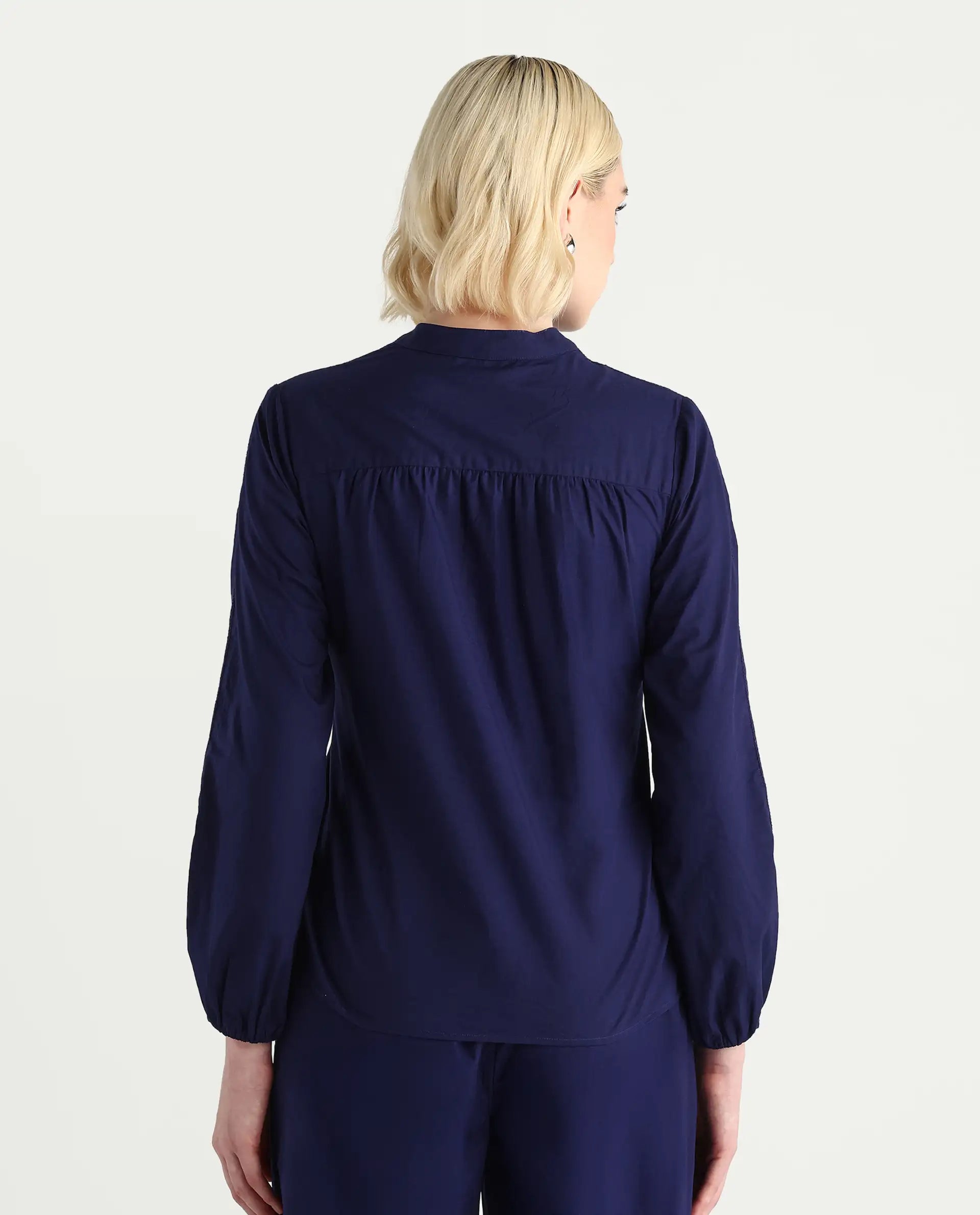 Rareism Women's Nucut-T Navy Cotton Bishop Sleeve Mandarin Collar Regular Fit Plain Top