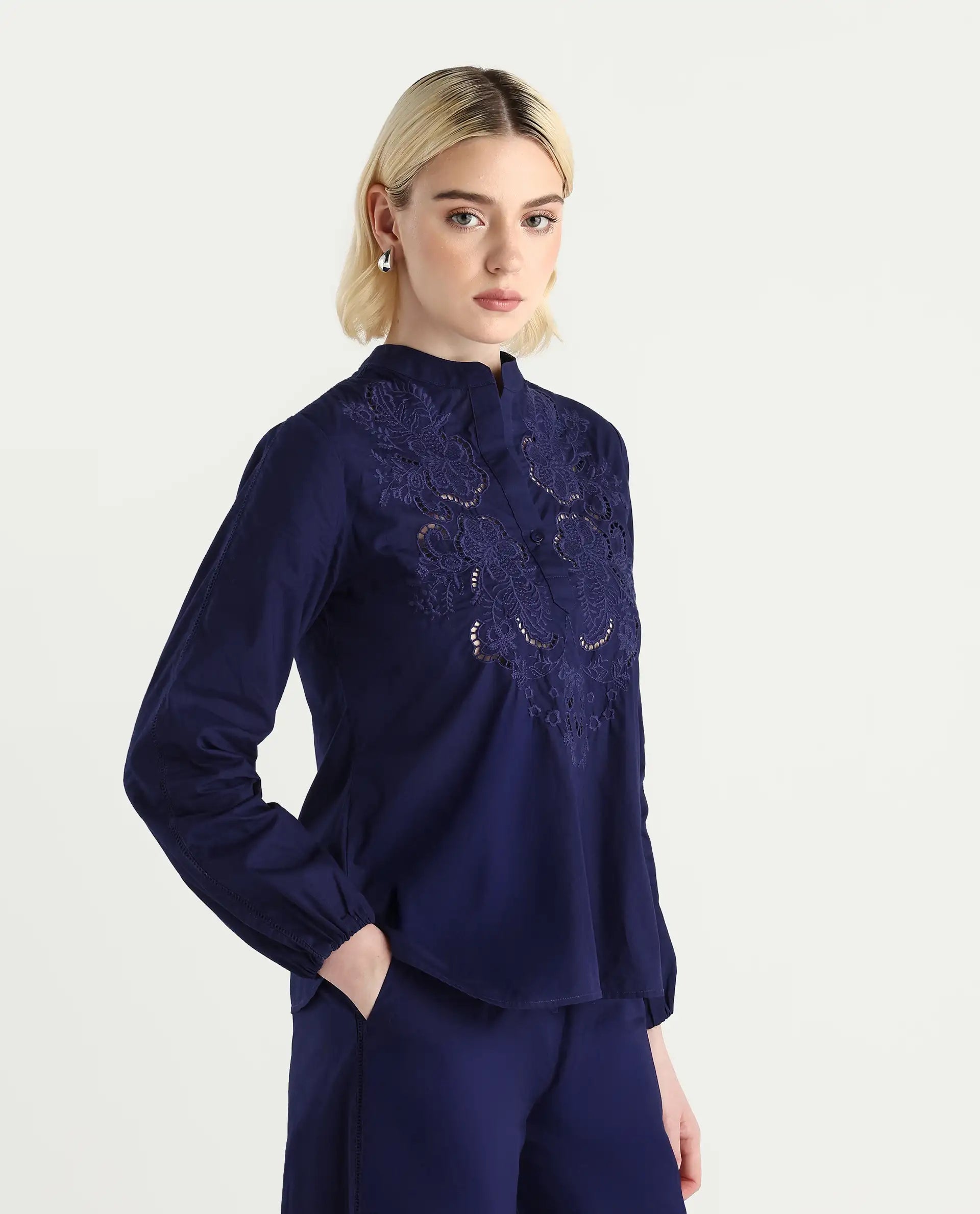 Rareism Women's Nucut-T Navy Cotton Bishop Sleeve Mandarin Collar Regular Fit Plain Top