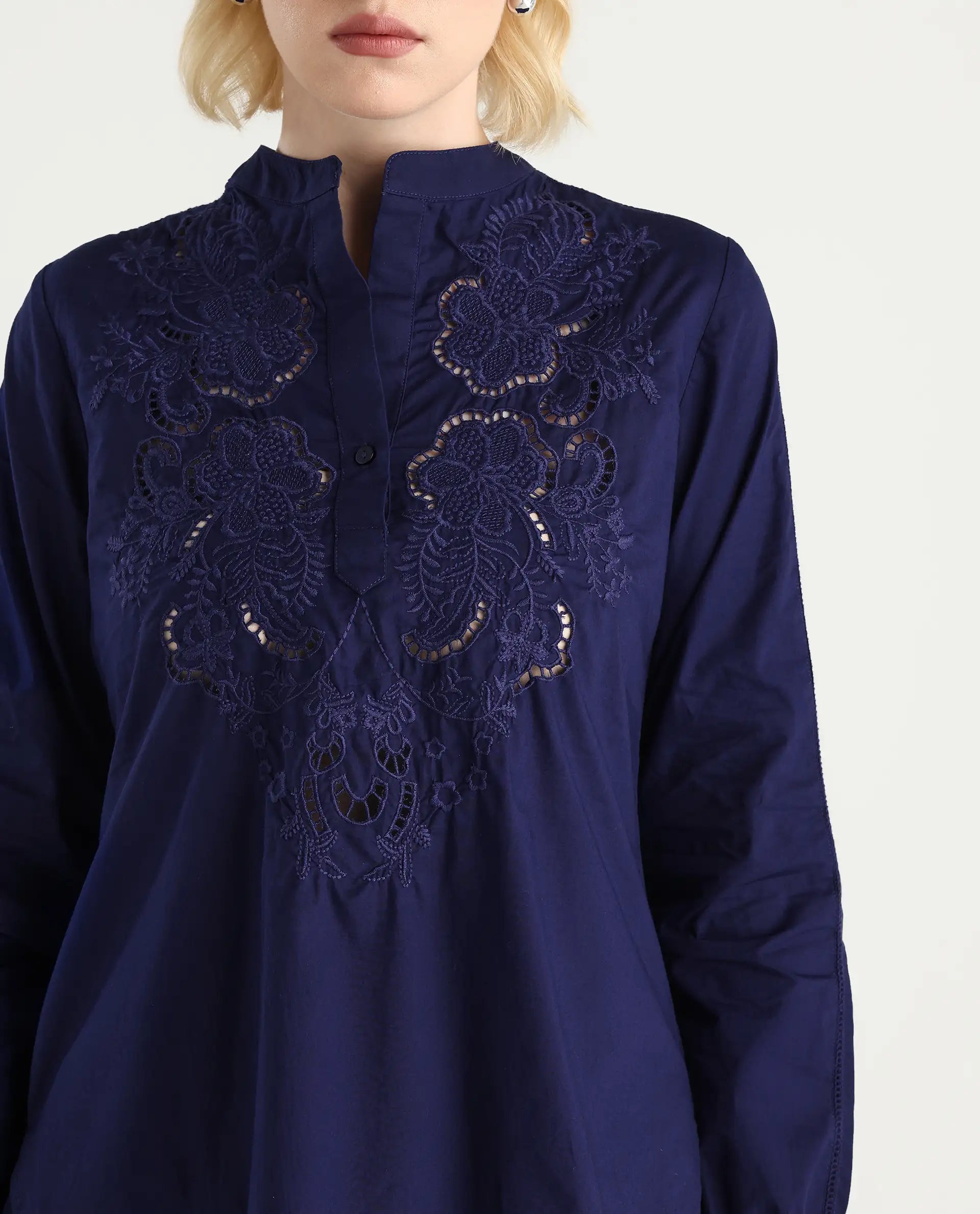 Rareism Women's Nucut-T Navy Cotton Bishop Sleeve Mandarin Collar Regular Fit Plain Top