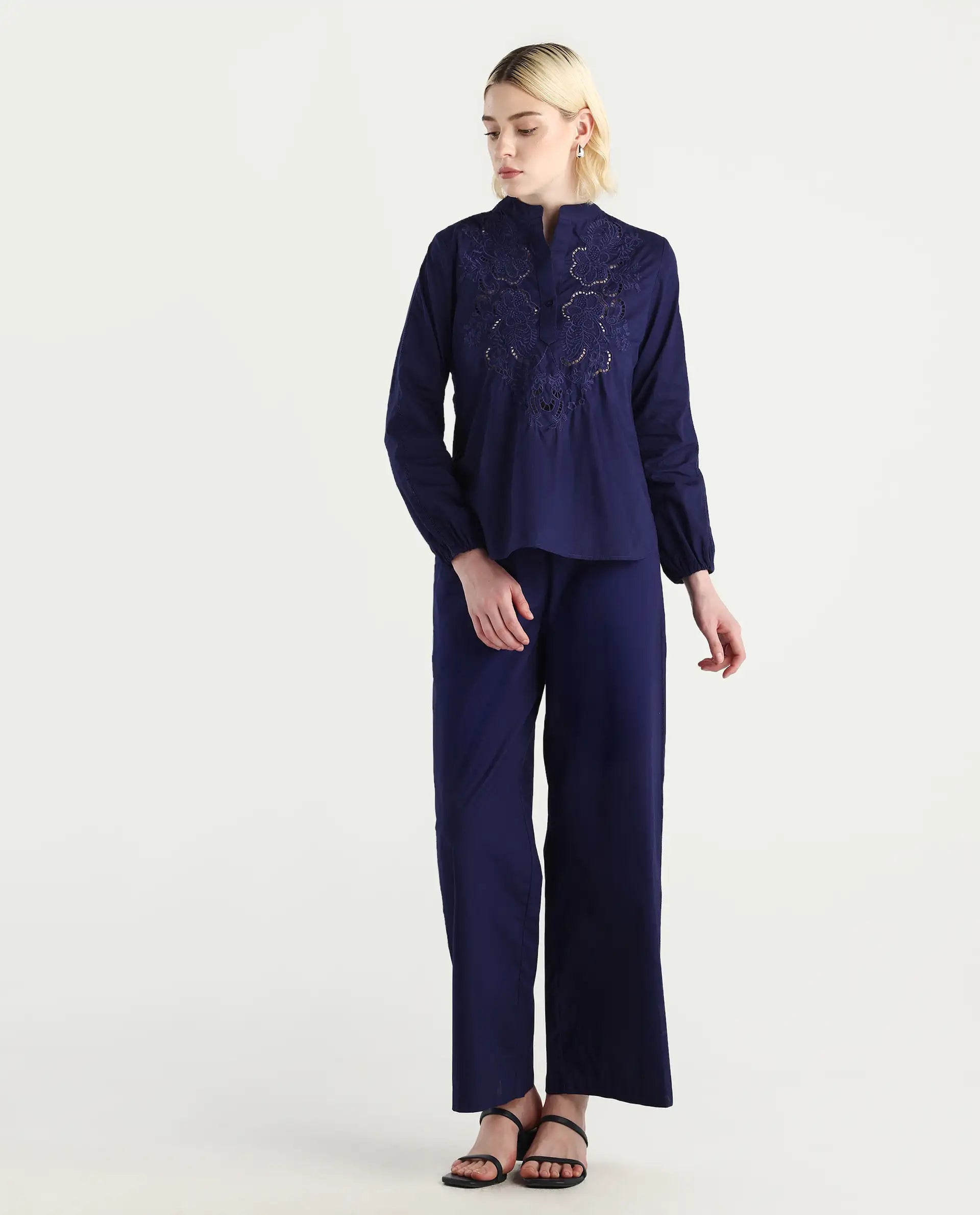 Rareism Women's Nucut-T Navy Cotton Bishop Sleeve Mandarin Collar Regular Fit Plain Top