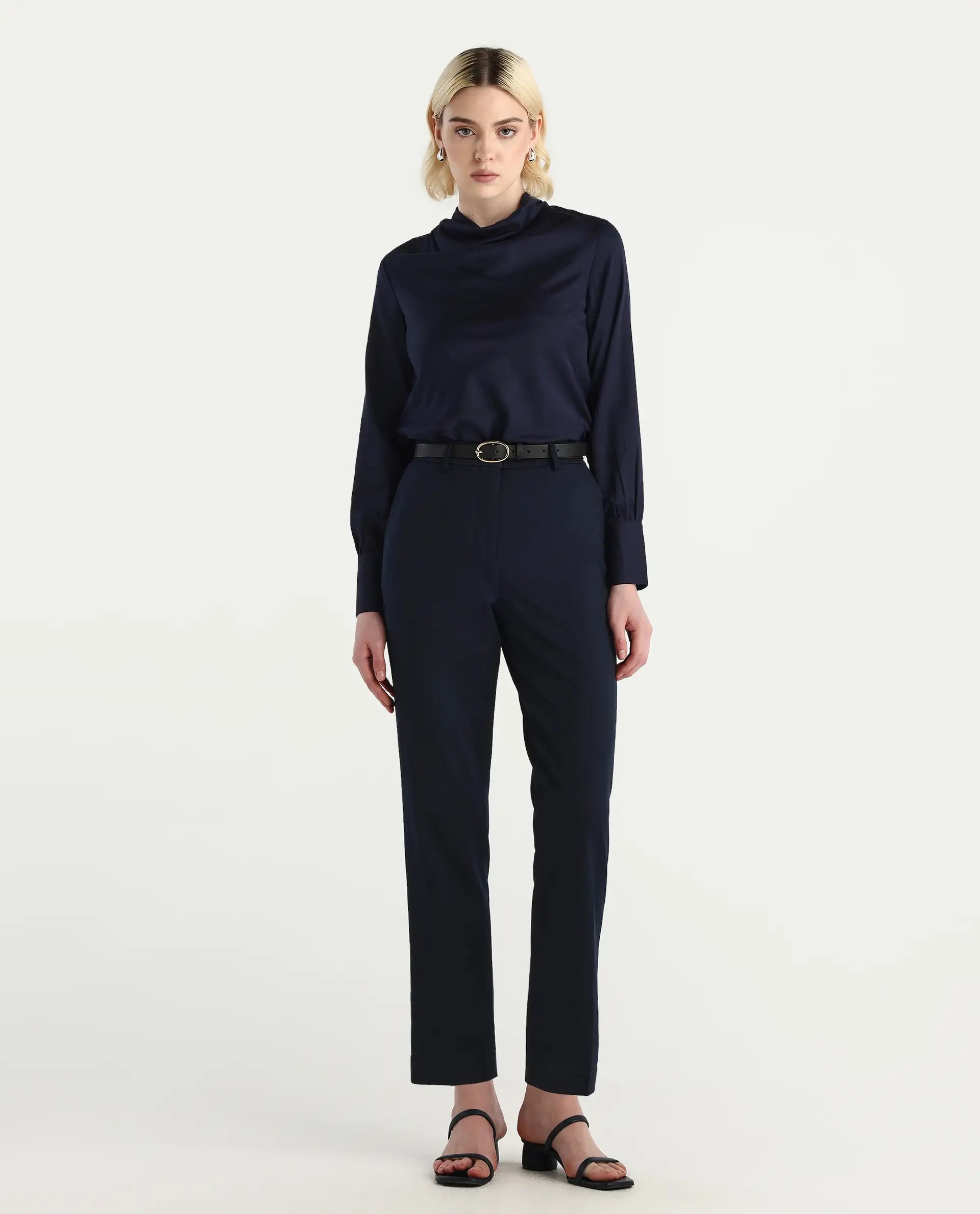 Rareism Women's Nujuno Navy Cotton Blend Bishop Sleeve Cowl Neck Regular Fit Plain Top