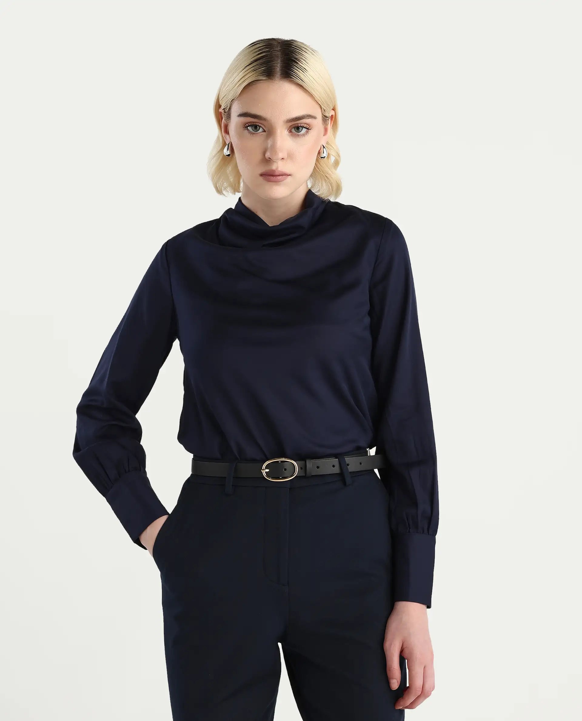 Rareism Women's Nujuno Navy Cotton Blend Bishop Sleeve Cowl Neck Regular Fit Plain Top