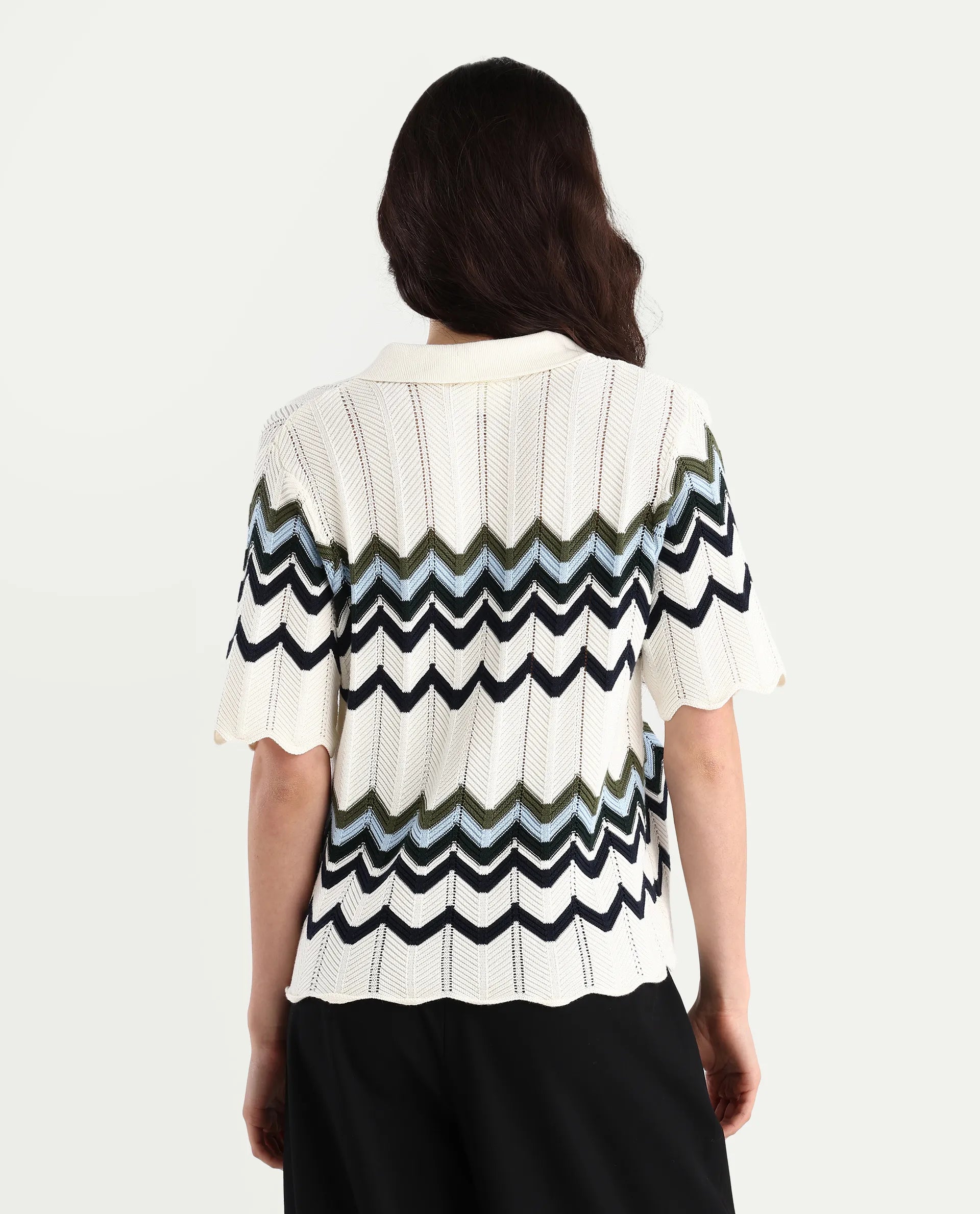 Rareism Women's Nuplo-R Off-White Cotton Full Sleeve Striped Top
