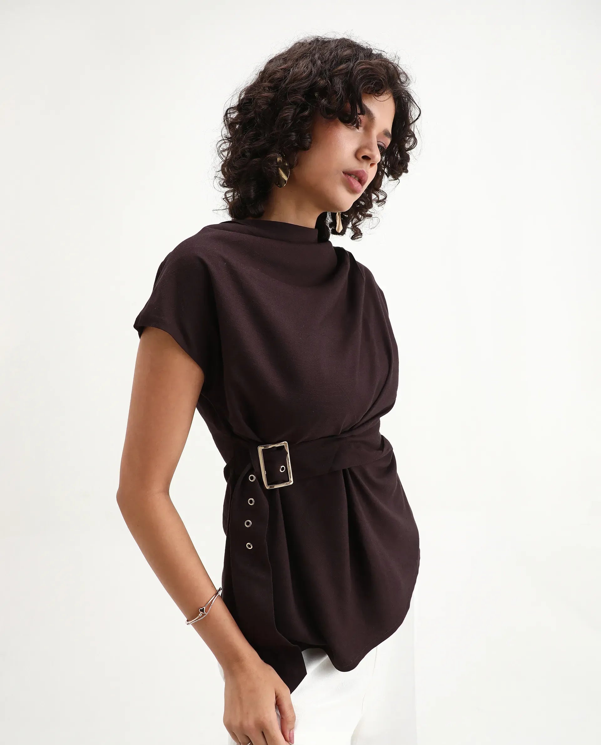 Rareism Women's Nusero Brown Viscose Sleeveless Cowl Neck Regular Fit Plain Top