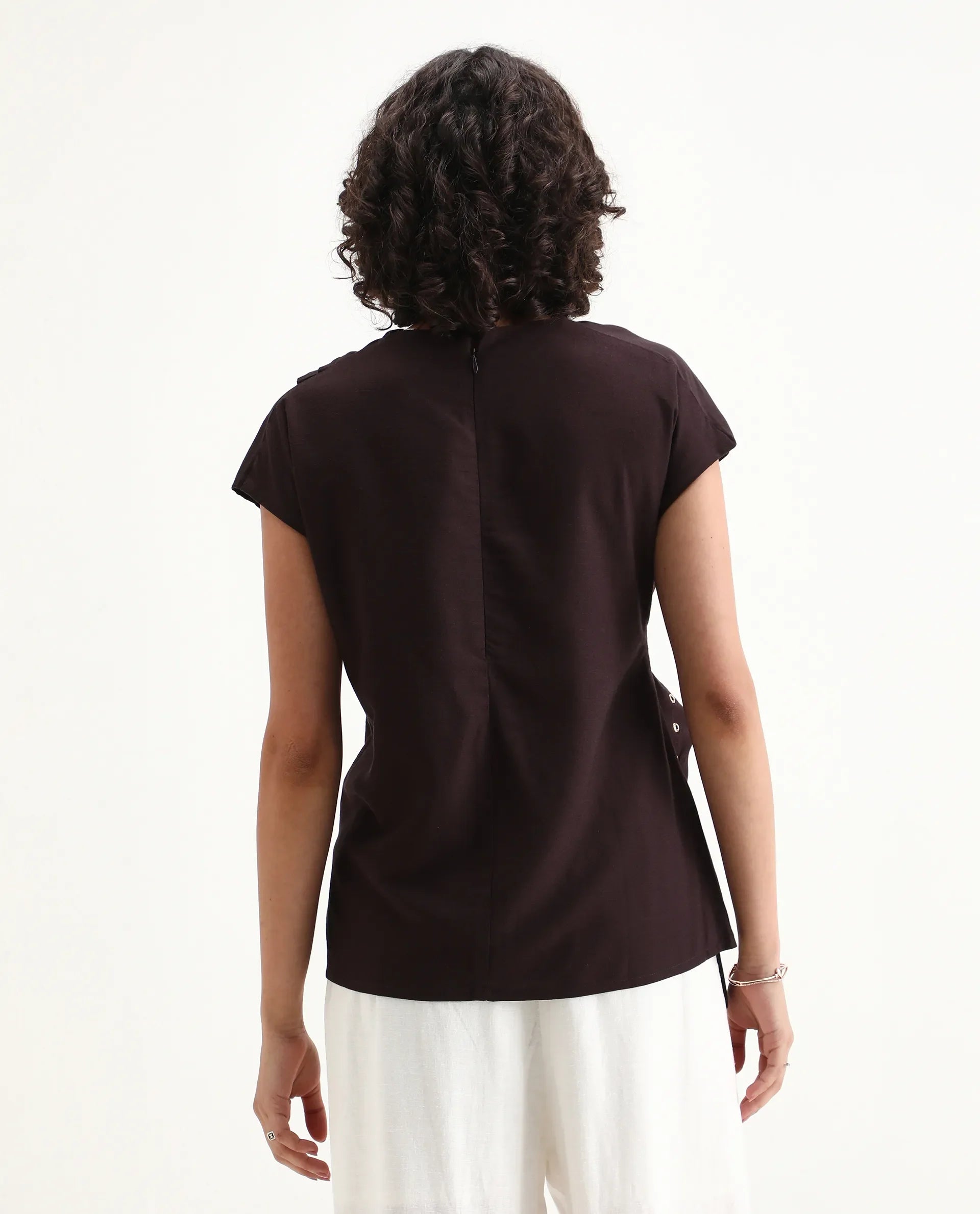 Rareism Women's Nusero Brown Viscose Sleeveless Cowl Neck Regular Fit Plain Top