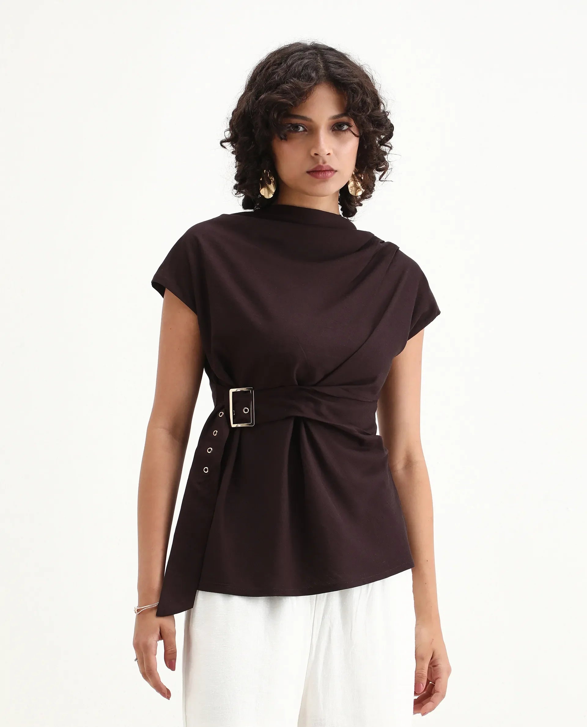 Rareism Women's Nusero Brown Viscose Sleeveless Cowl Neck Regular Fit Plain Top