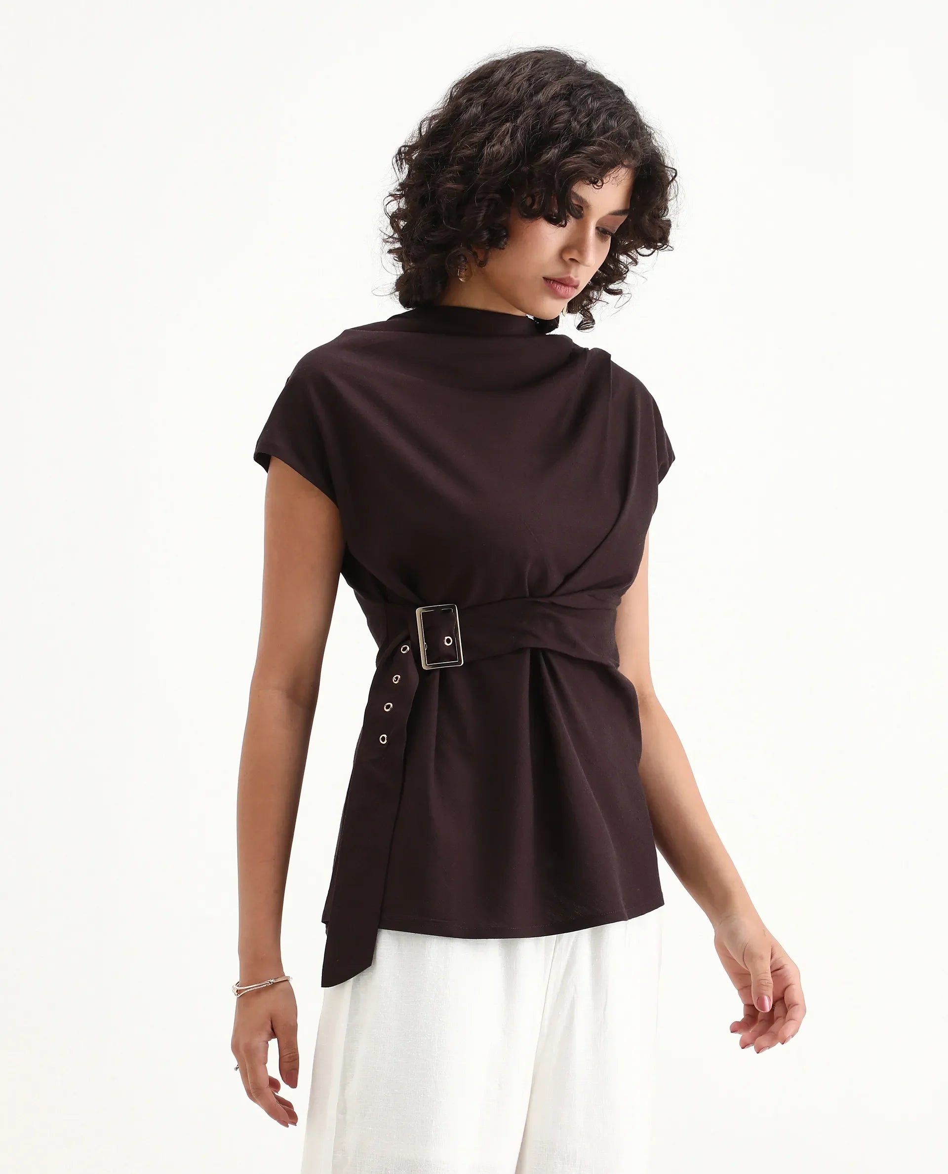 Rareism Women's Nusero Brown Viscose Sleeveless Cowl Neck Regular Fit Plain Top