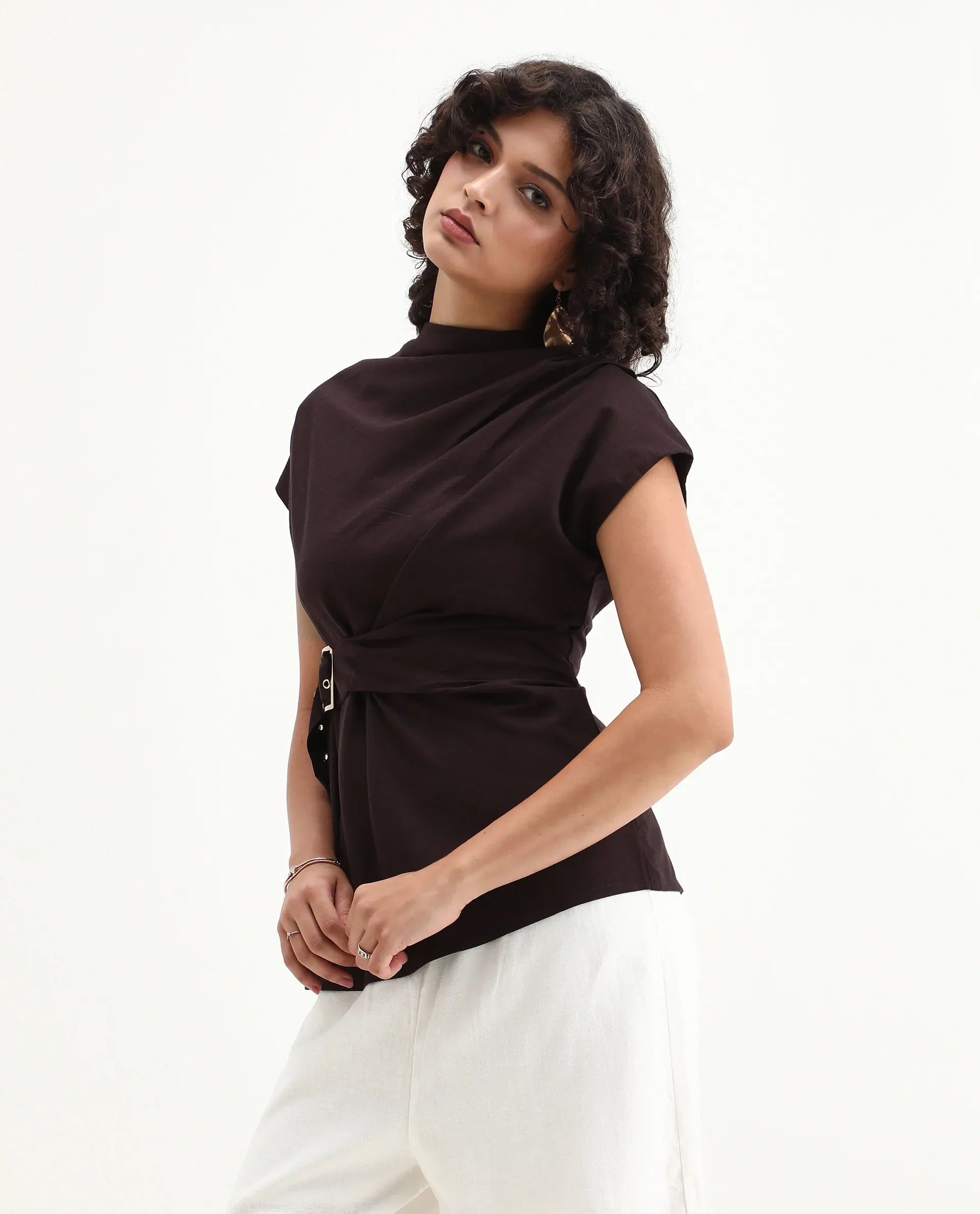 Rareism Women's Nusero Brown Viscose Sleeveless Cowl Neck Regular Fit Plain Top