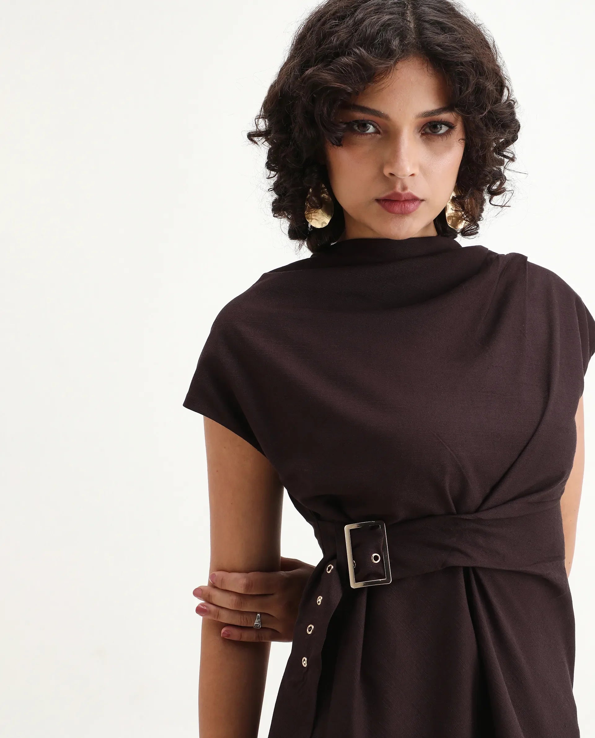 Rareism Women's Nusero Brown Viscose Sleeveless Cowl Neck Regular Fit Plain Top
