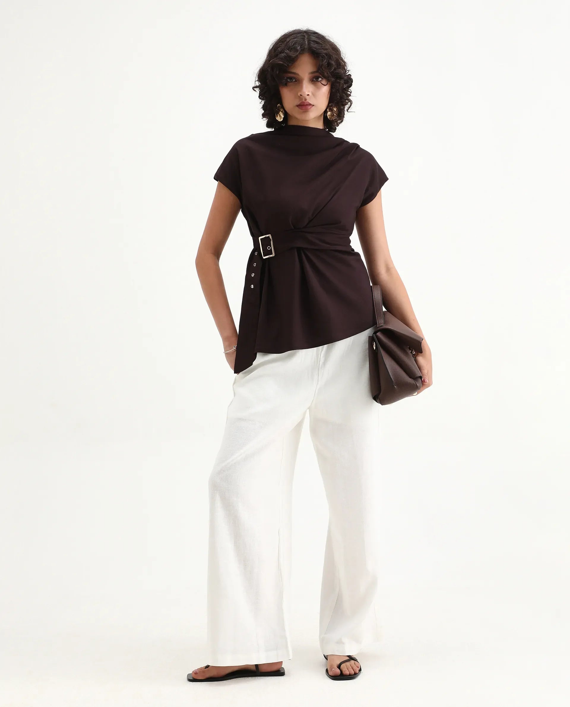 Rareism Women's Nusero Brown Viscose Sleeveless Cowl Neck Regular Fit Plain Top