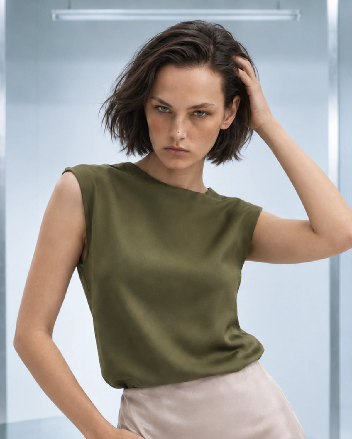 Rareism Women's Odil Olive Polyester Button Regular Fit Plain Top