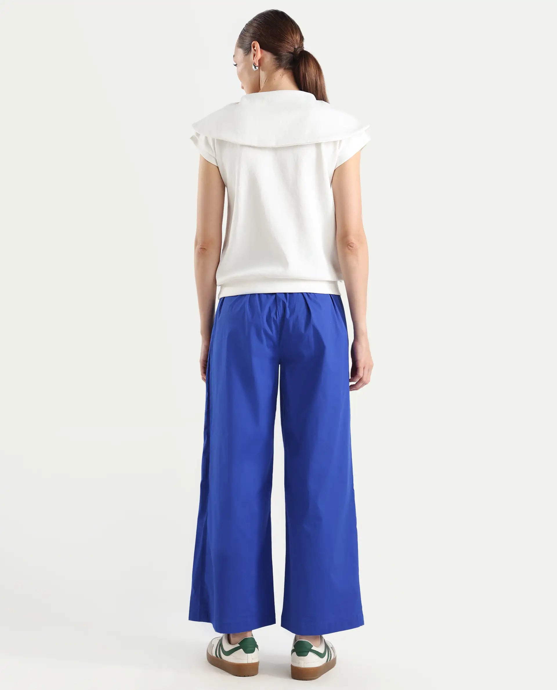 Rareism Women's Oipi Blue Cotton Blend Plain Ankle Length Wide Trouser