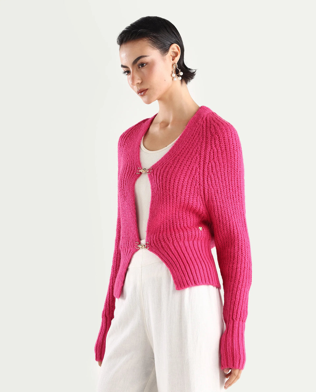 Rareism Women's Okali Pink V-Neck Plain Regular Fit Cardigan