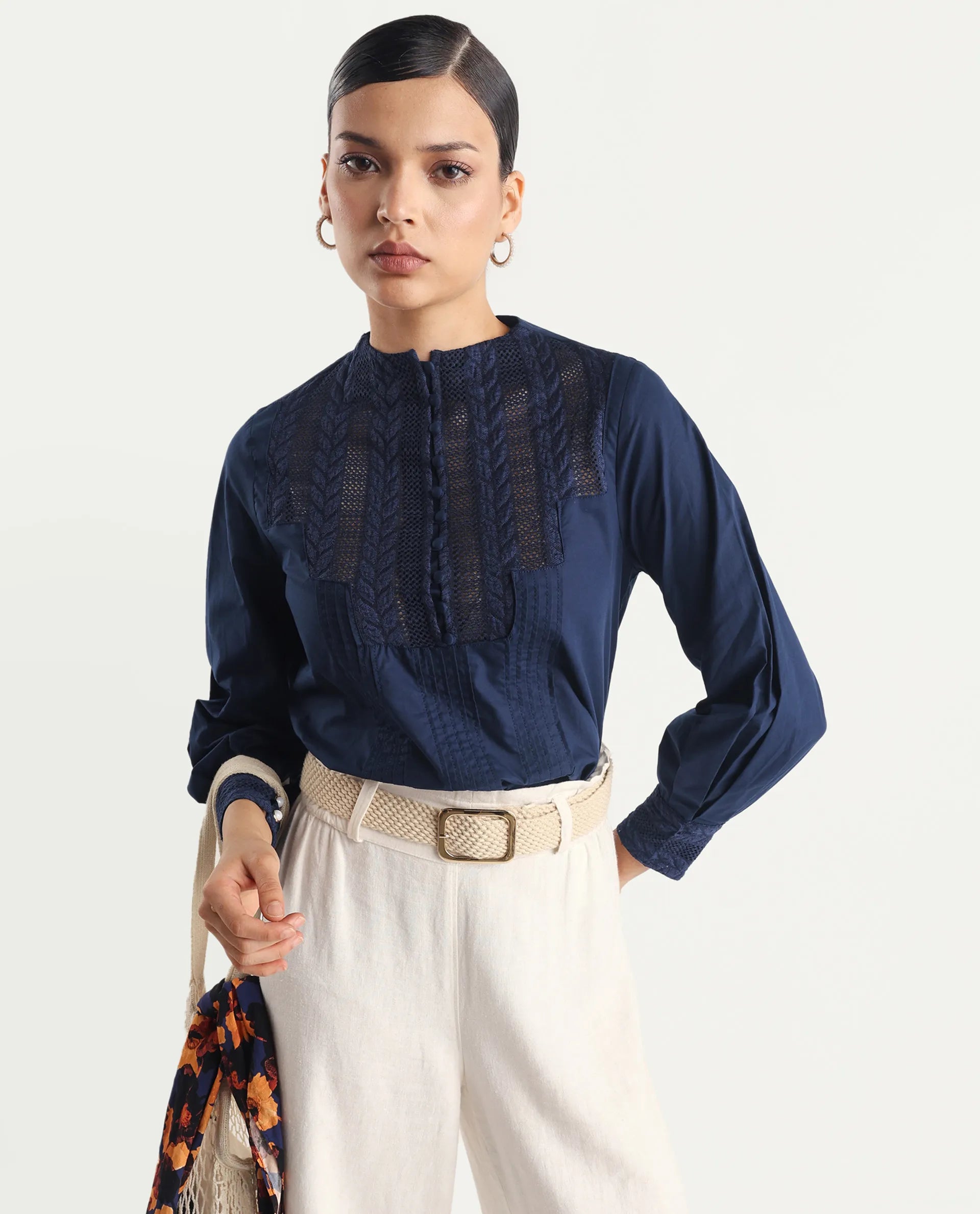 Rareism Women's Olafi Navy Cotton High Neck Plain Bishop Sleeve Regular Fit Top