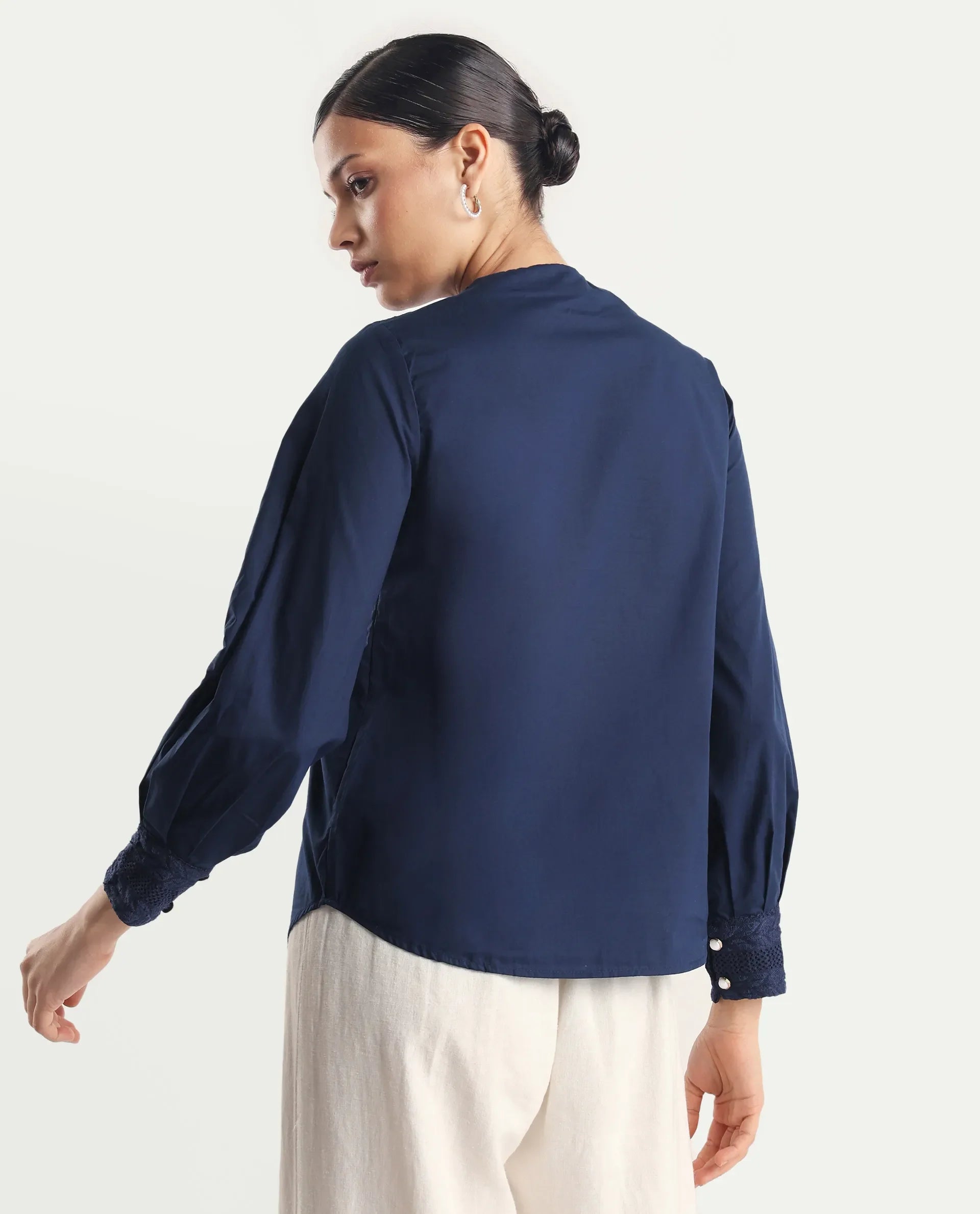 Rareism Women's Olafi Navy Cotton High Neck Plain Bishop Sleeve Regular Fit Top