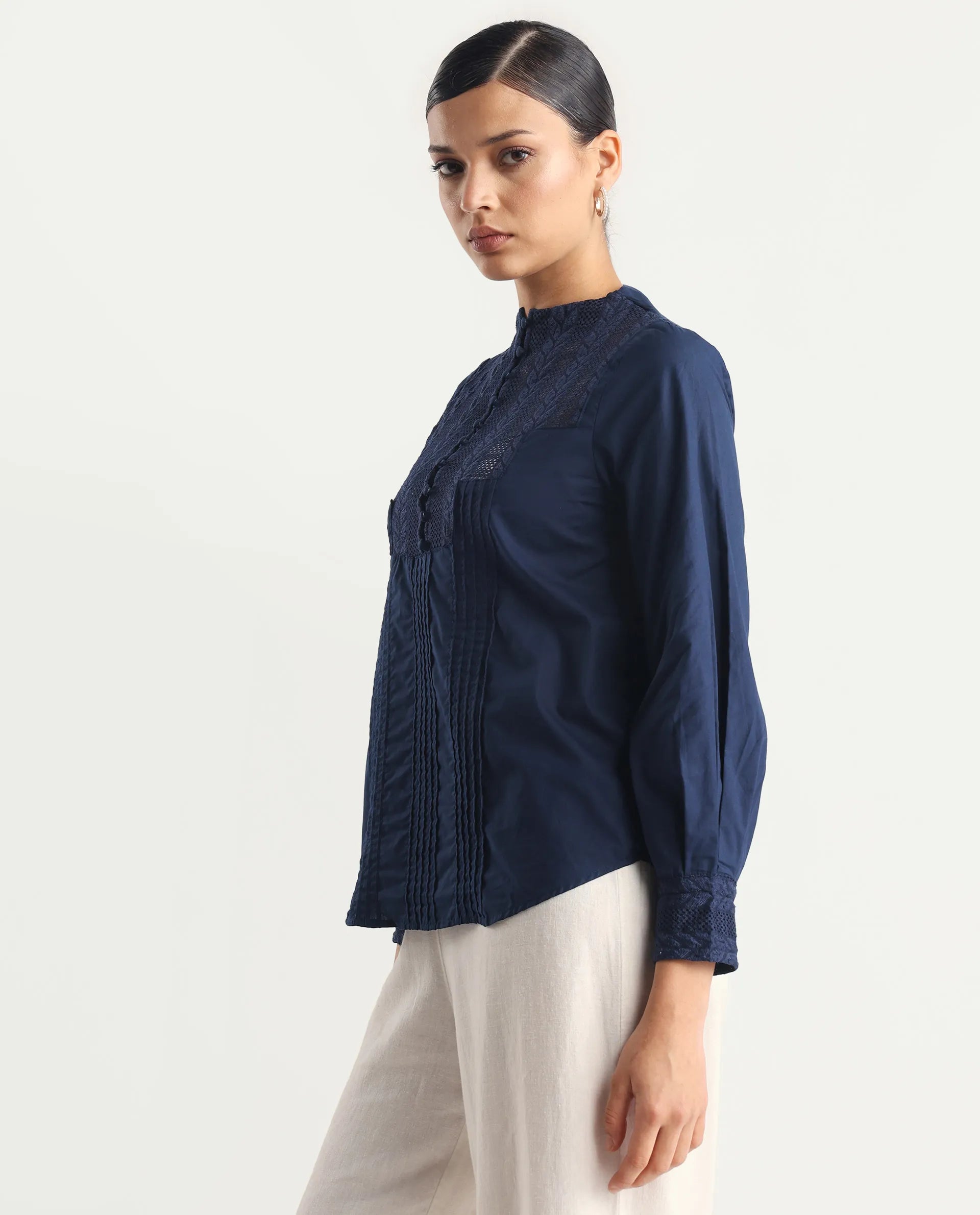 Rareism Women's Olafi Navy Cotton High Neck Plain Bishop Sleeve Regular Fit Top