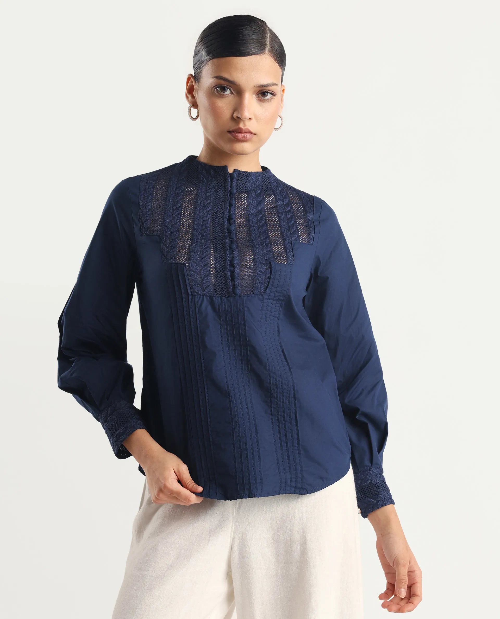 Rareism Women's Olafi Navy Cotton High Neck Plain Bishop Sleeve Regular Fit Top