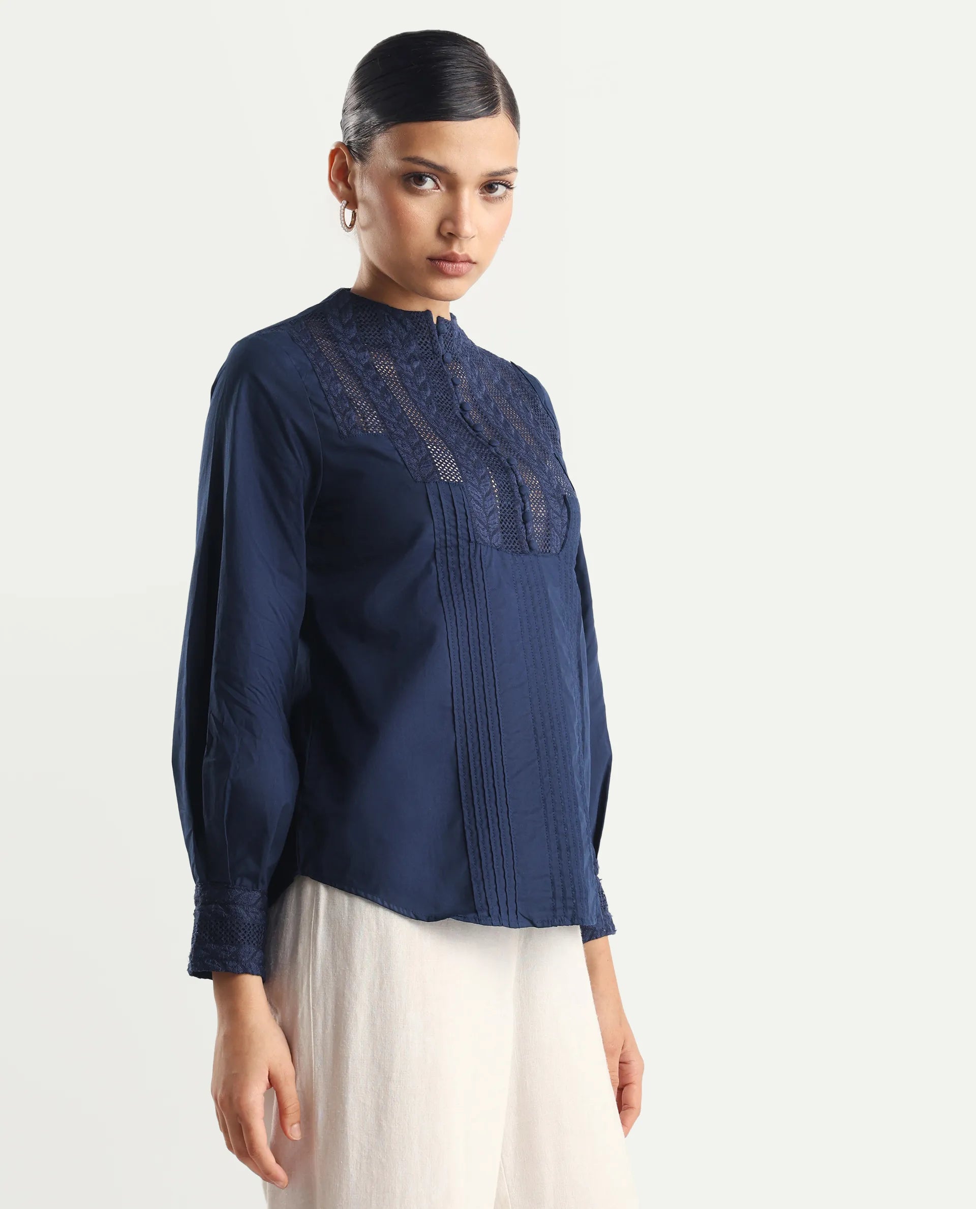 Rareism Women's Olafi Navy Cotton High Neck Plain Bishop Sleeve Regular Fit Top