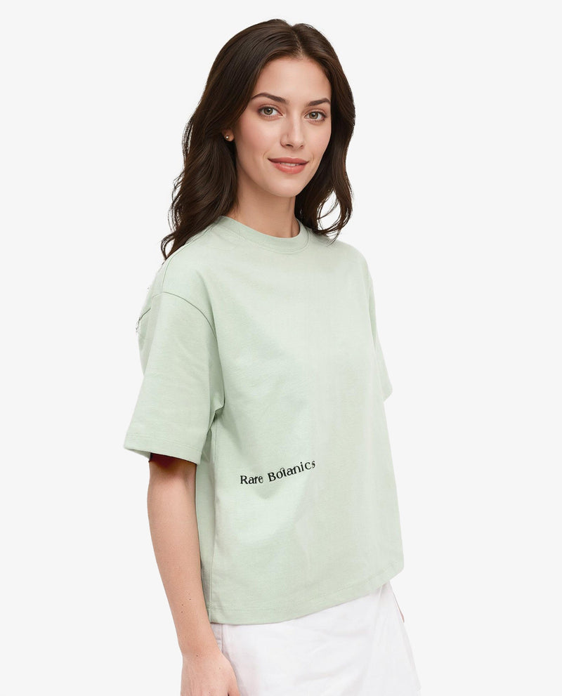 Rareism Women Olaf Pastel Green Cotton Fabric Short Sleeve Crew Neck Solid T-Shirt