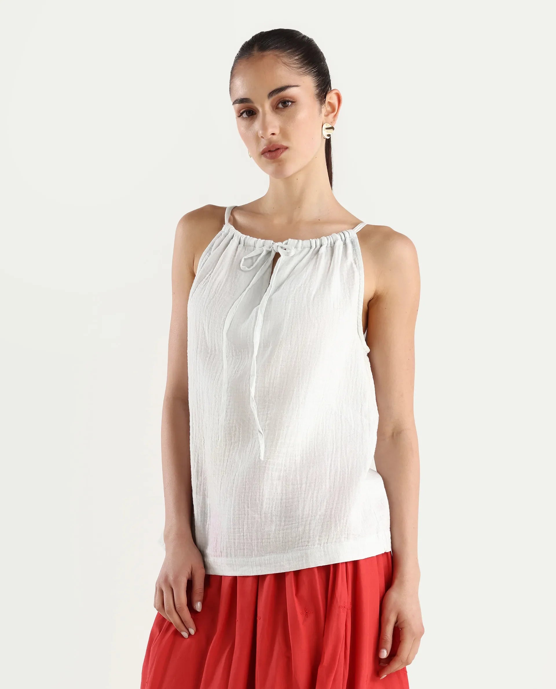 Rareism Women's Oliya Off White Cotton Blend Halter Neck Tropical Print Sleeveless Regular Fit Top