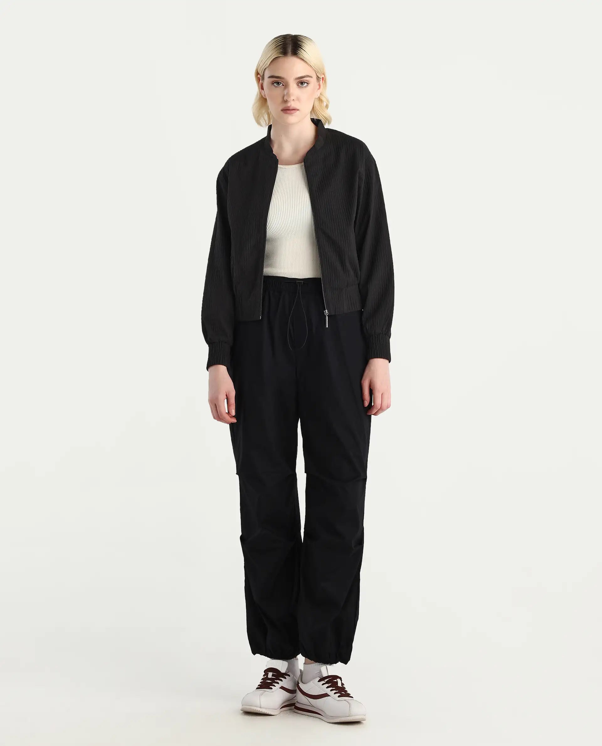 Rareism Women's Omri Black Polyester Mandrin Collar Regular Fit Plain Jacket