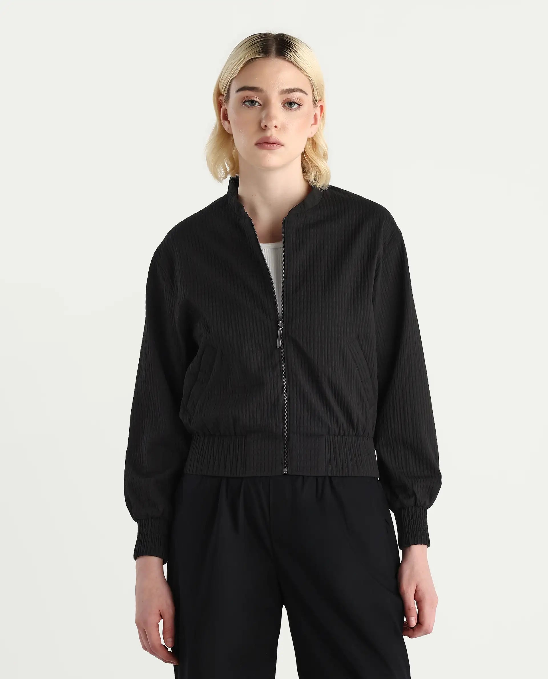 Rareism Women's Omri Black Polyester Mandrin Collar Regular Fit Plain Jacket