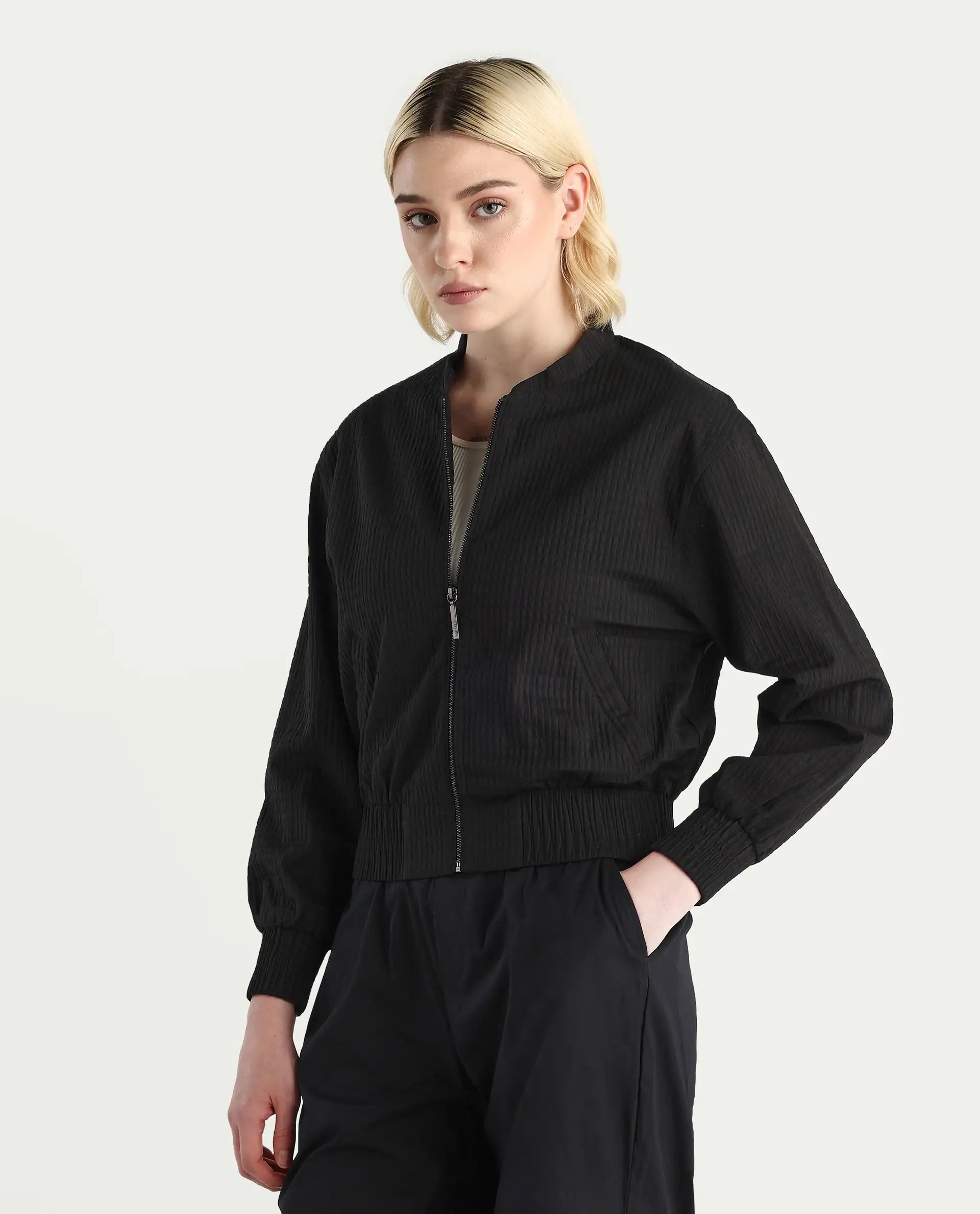 Rareism Women's Omri Black Polyester Mandrin Collar Regular Fit Plain Jacket