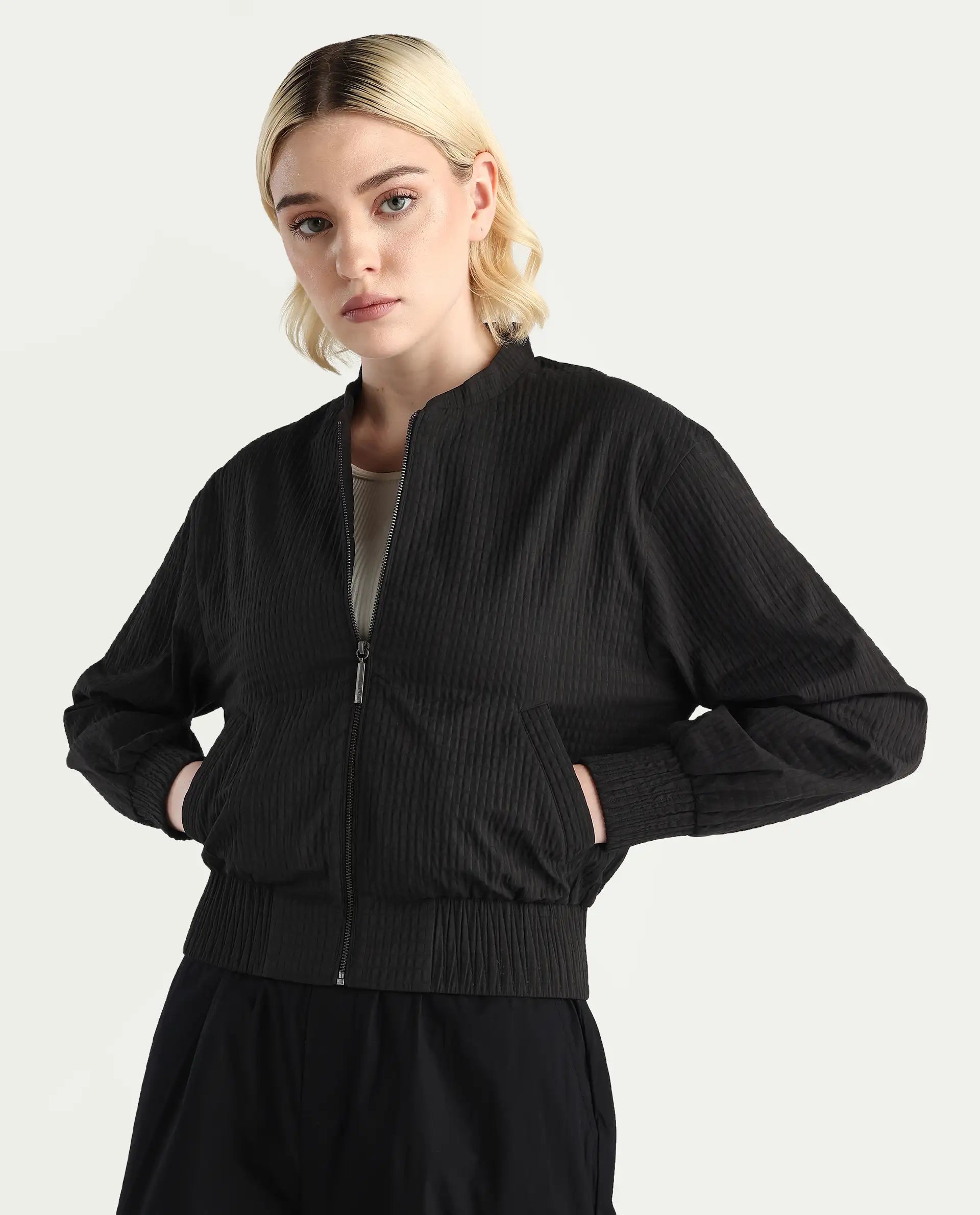 Rareism Women's Omri Black Polyester Mandrin Collar Regular Fit Plain Jacket