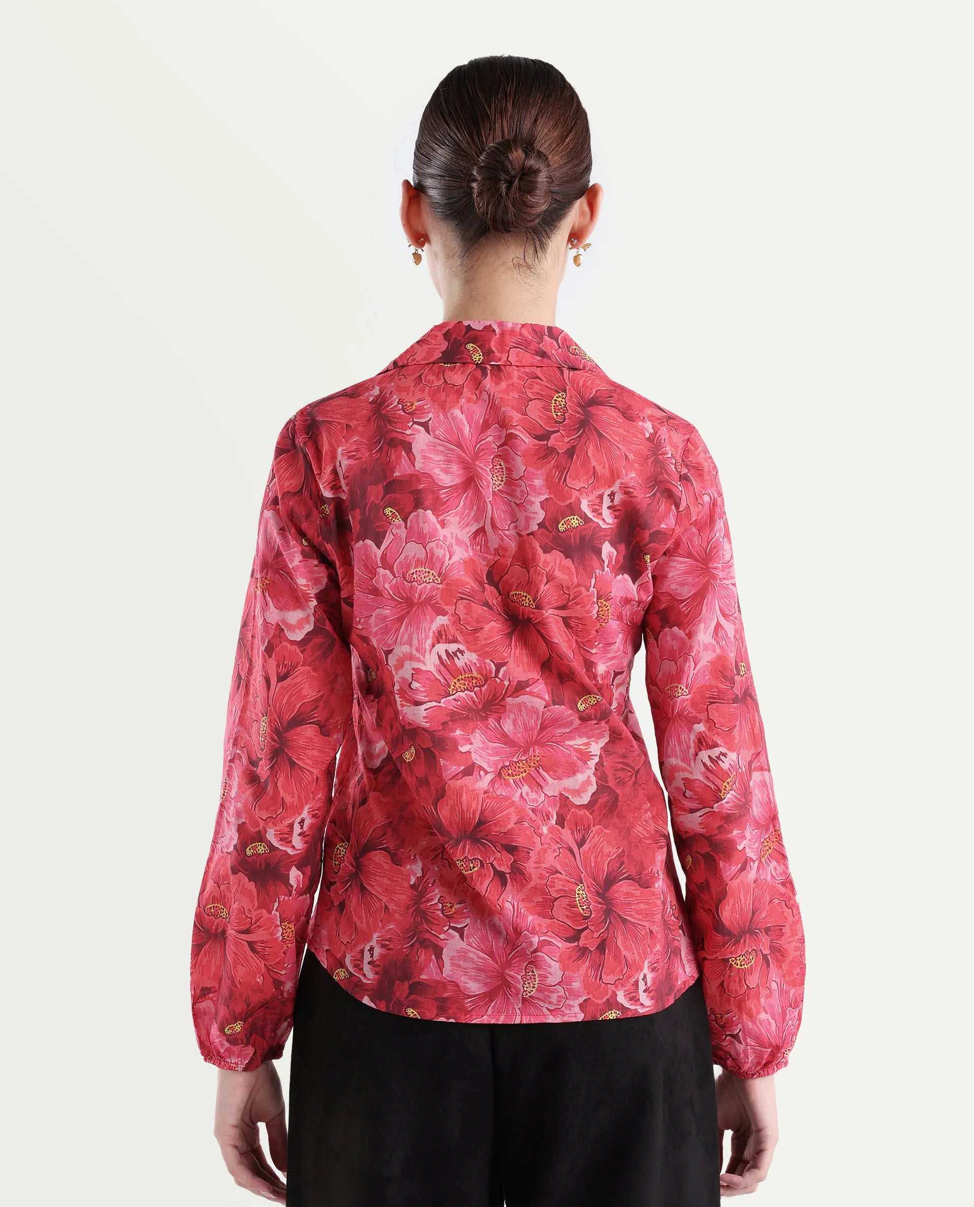 Rareism Women's Orney Maroon Cotton Spread Collar Floral Print Volume Sleeve Regular Fit Top