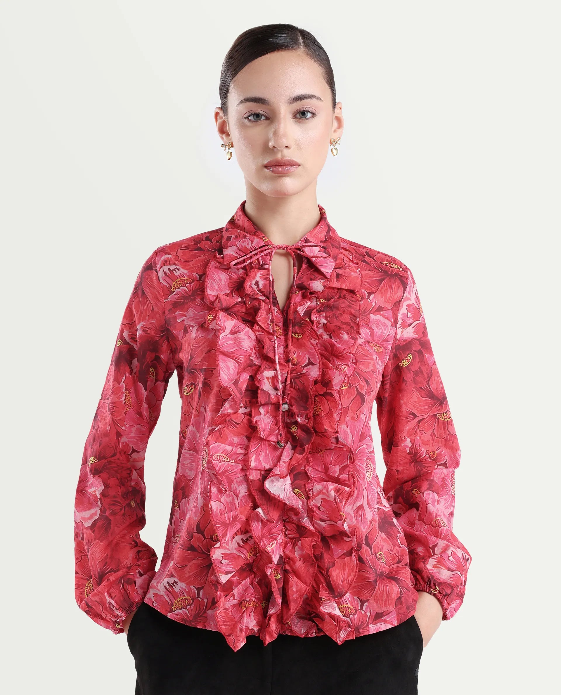 Rareism Women's Orney Maroon Cotton Spread Collar Floral Print Volume Sleeve Regular Fit Top