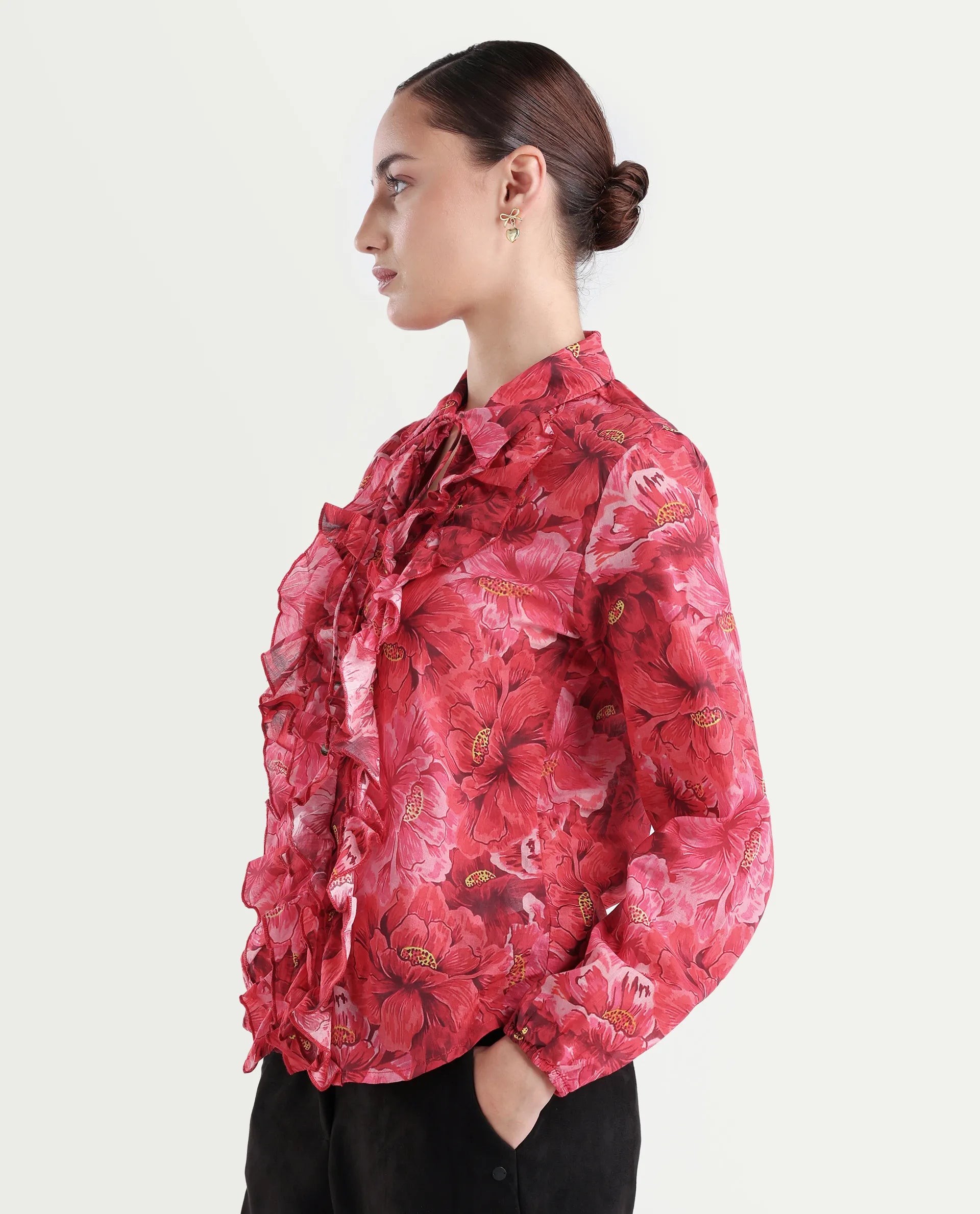 Rareism Women's Orney Maroon Cotton Spread Collar Floral Print Volume Sleeve Regular Fit Top