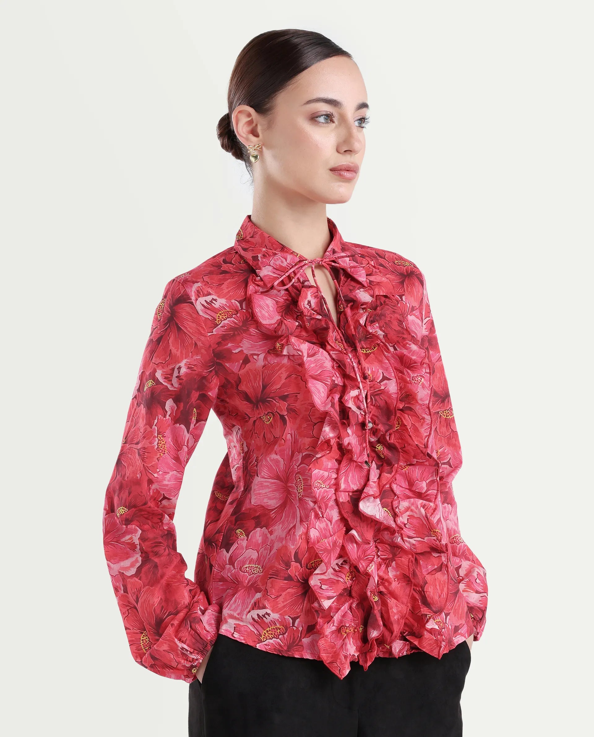 Rareism Women's Orney Maroon Cotton Spread Collar Floral Print Volume Sleeve Regular Fit Top