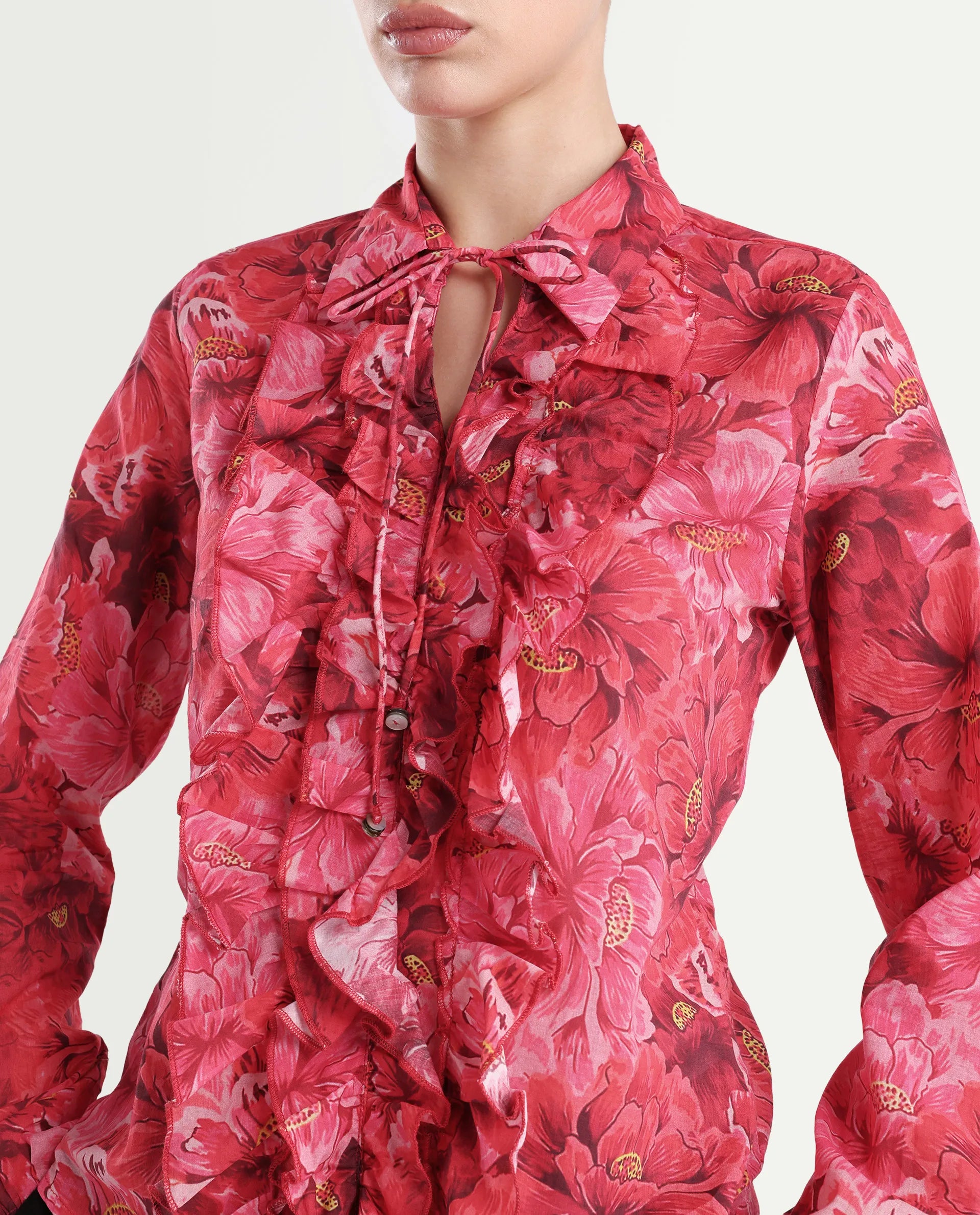 Rareism Women's Orney Maroon Cotton Spread Collar Floral Print Volume Sleeve Regular Fit Top