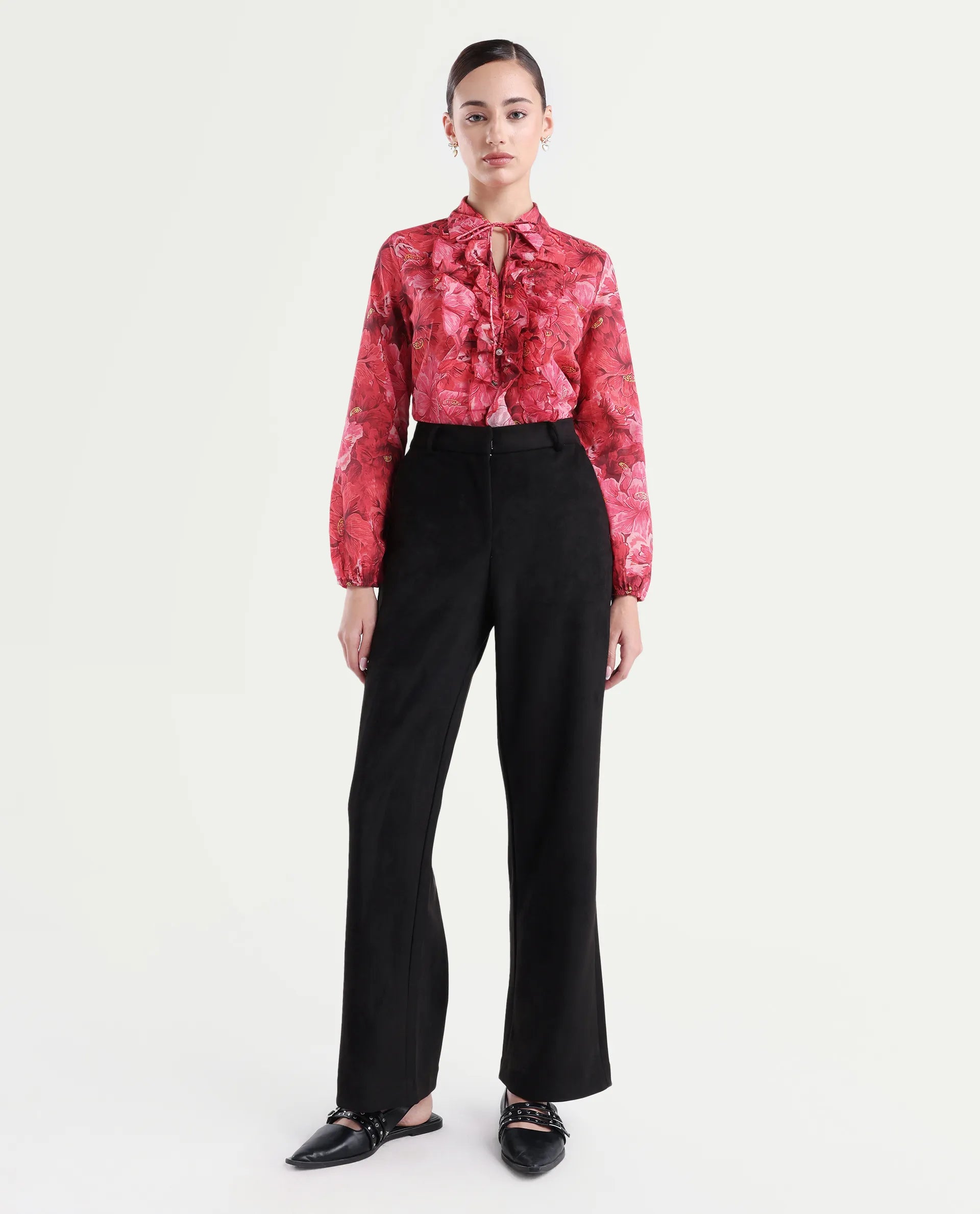 Rareism Women's Orney Maroon Cotton Spread Collar Floral Print Volume Sleeve Regular Fit Top