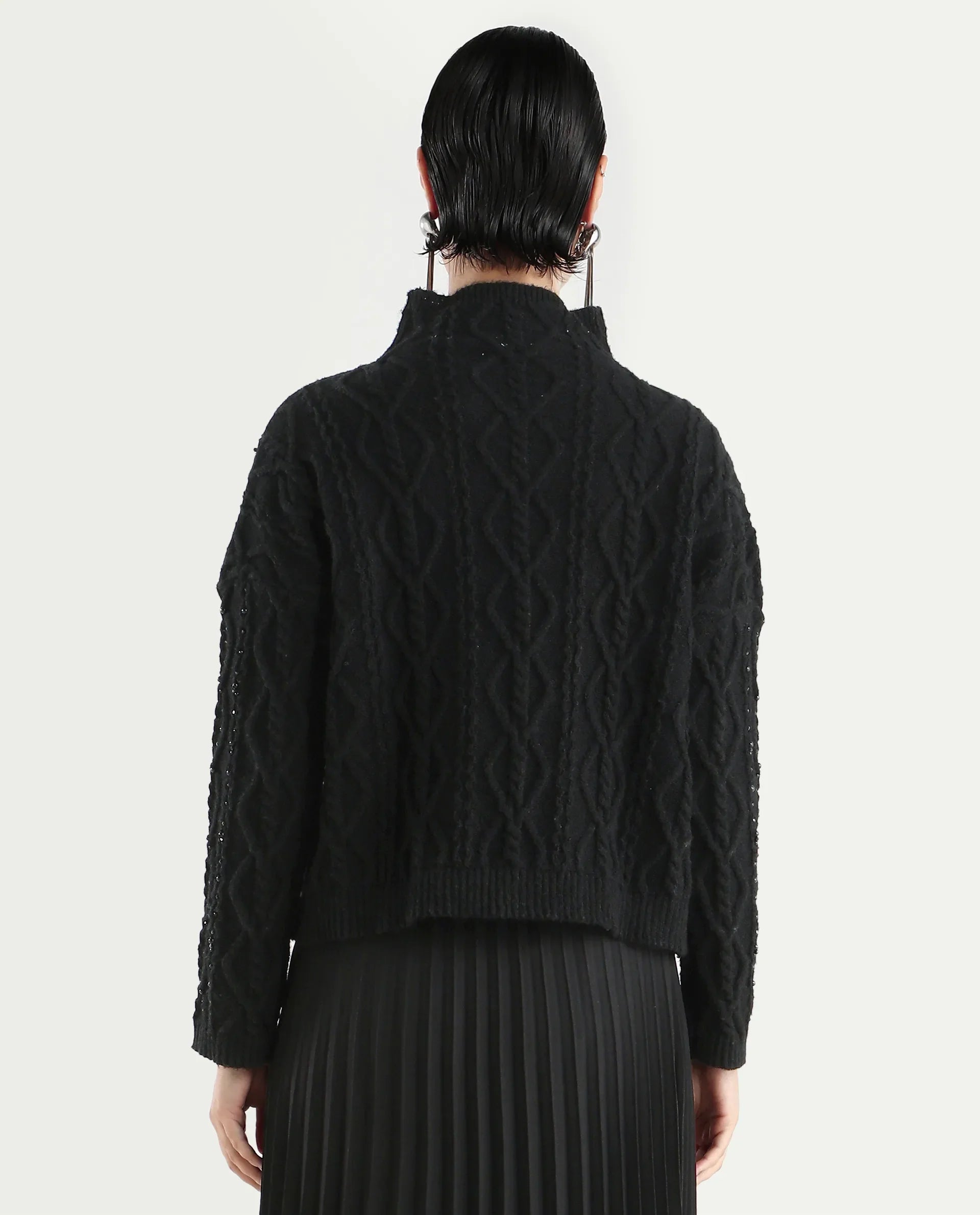 Rareism Women's Osmaniye Black Polyester High Neck Plain Relaxed Fit Sweater