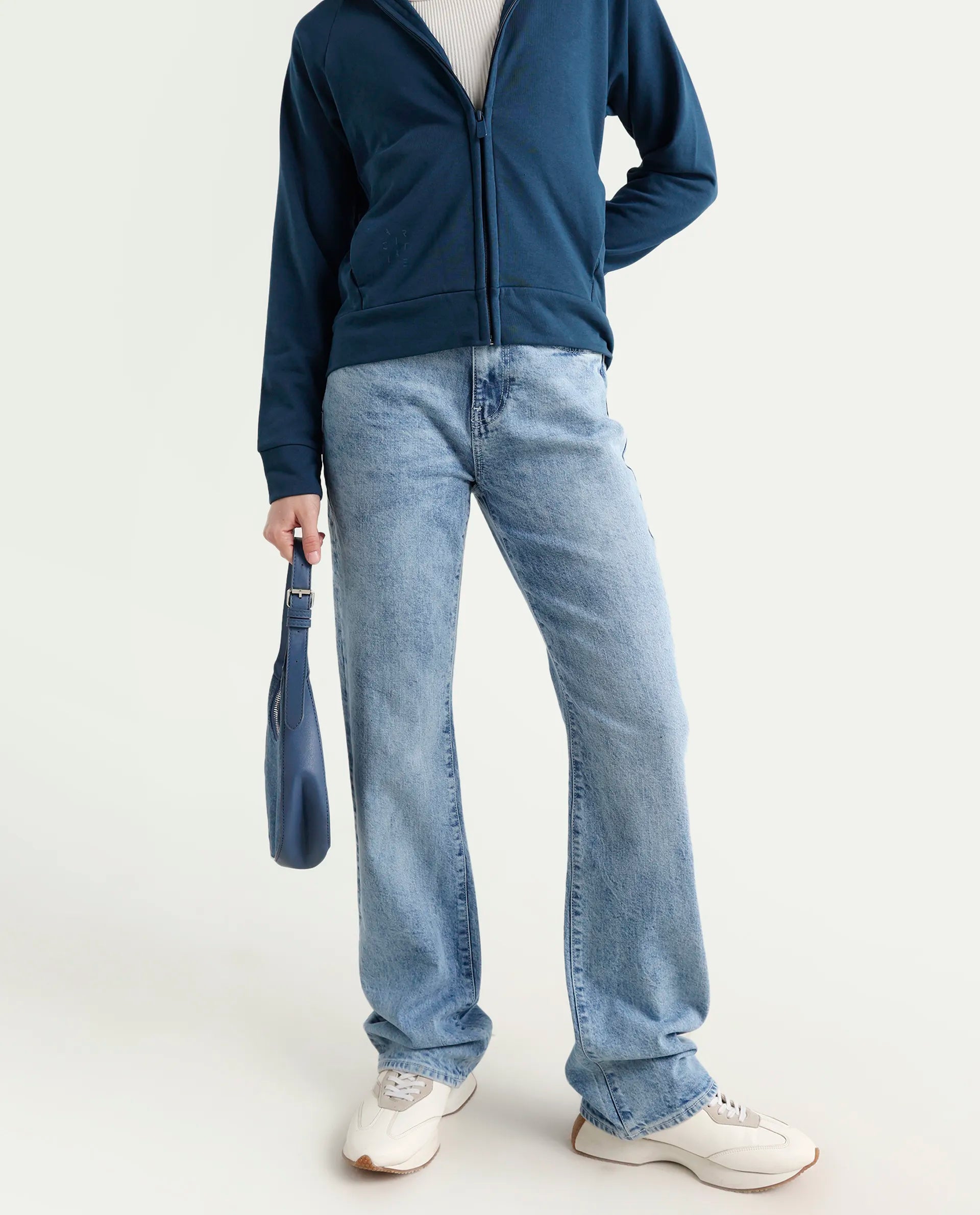 Rareism Women's Osseo Pastel Blue Cotton Blend Plain Ankle Length Smart Straight Fit Jeans