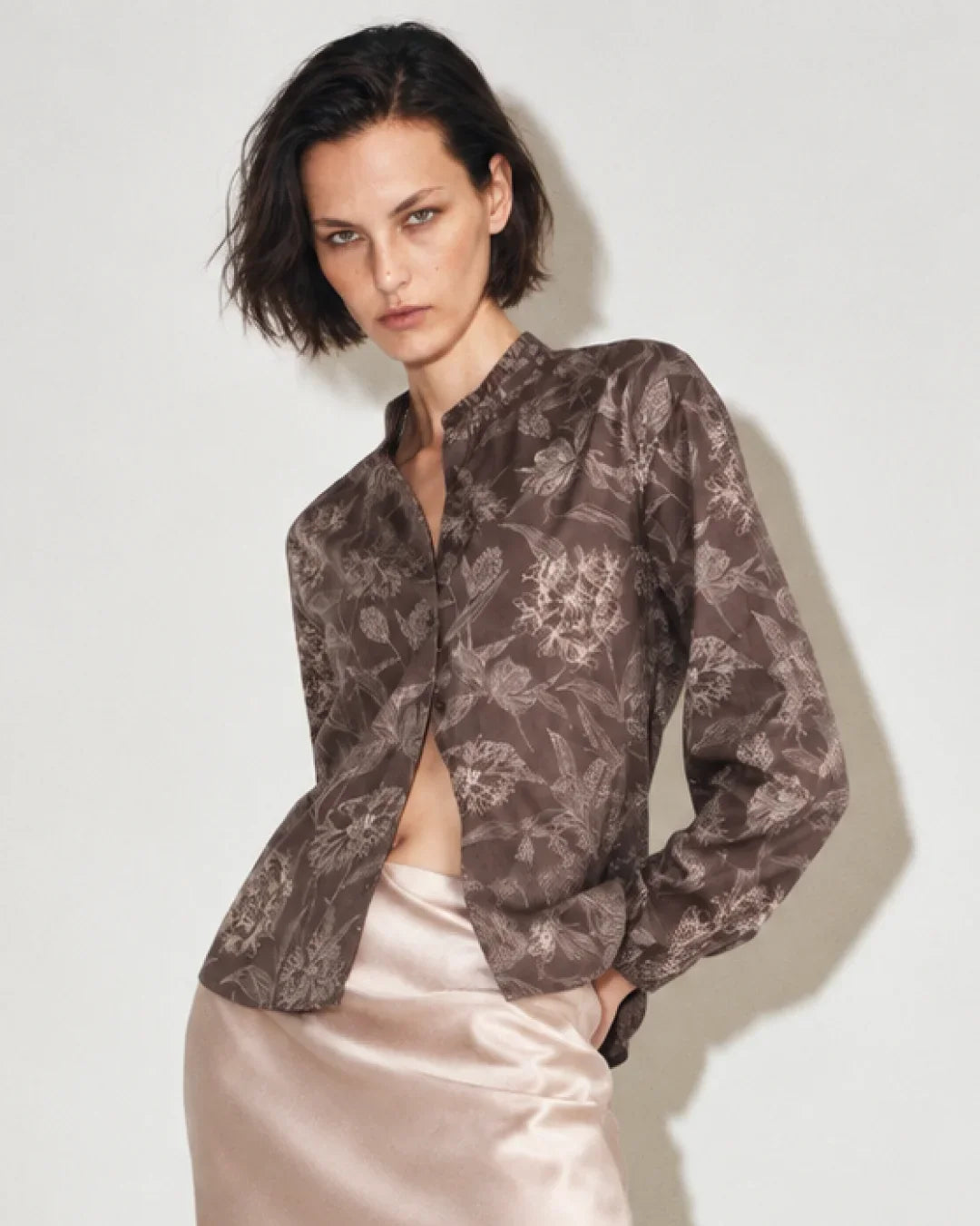 Rareism Women's Overon Dark Brown Cotton Button Regular Fit Floral Print Top