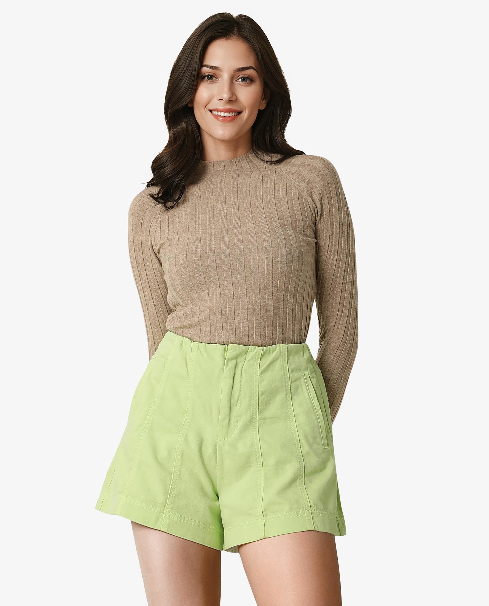 Rareism Women Painted Flouroscent Green Cotton Lycra Fabric Regular Fit Solid High Rise Shorts