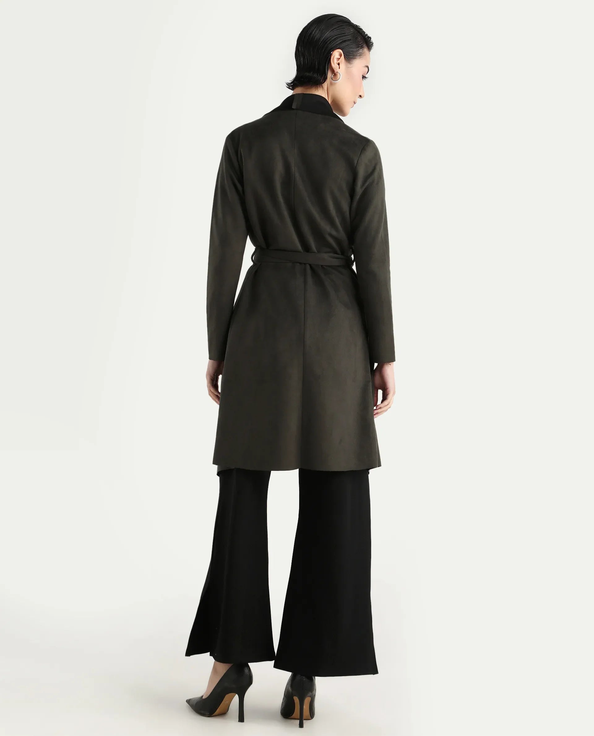 Rareism Women's Palmer 2 Olive Polyester Blend Waterfall Neck Plain Midi Boxy Fit Jacket
